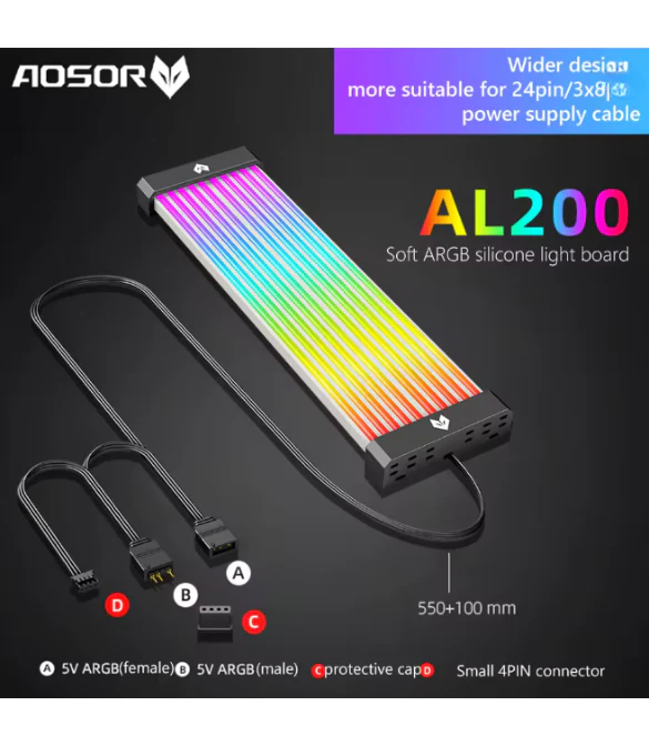 AOSOR AL200 ARGB LED Light Strip for 24PIN Motherboard Power Extension Cable Aura Sync Flexible LED Strip Light - Image 5