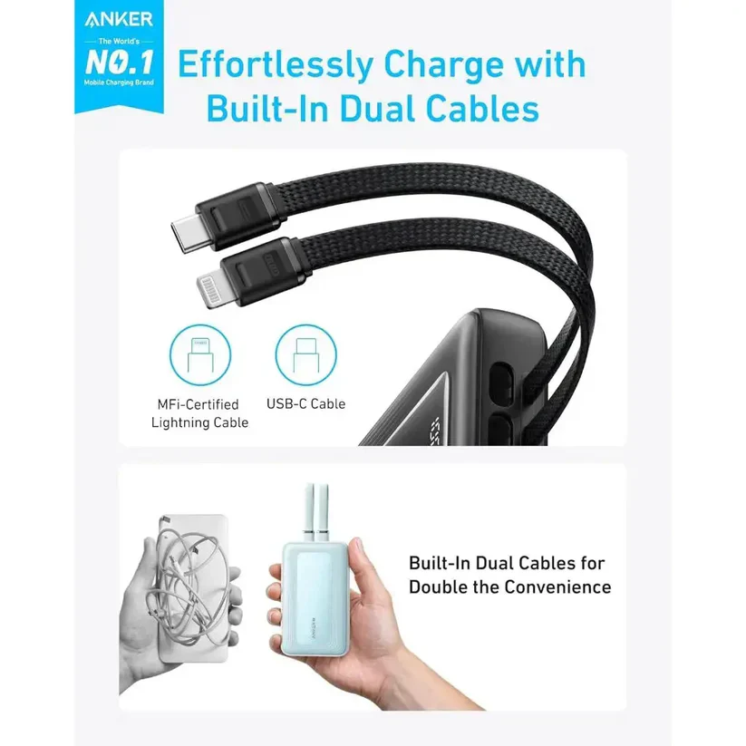 Anker Power Bank (10K-30W- Built-In USB- C+Lightning Cable) - Black - Image 3