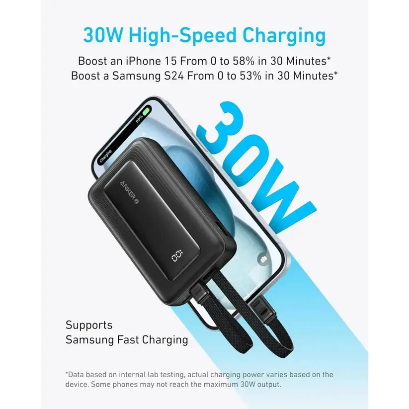 Anker Power Bank (10K-30W- Built-In USB- C+Lightning Cable) - Black - Image 4