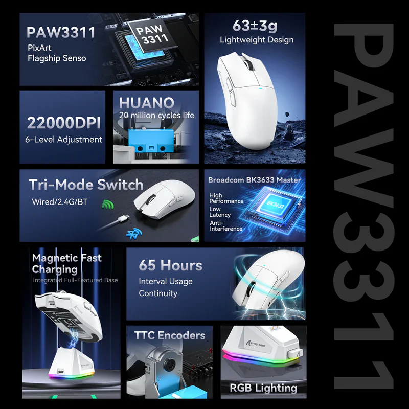 ATTACK SHARK X11 BK3633 Three Modes Wireless Gaming Mouse - White - Image 3