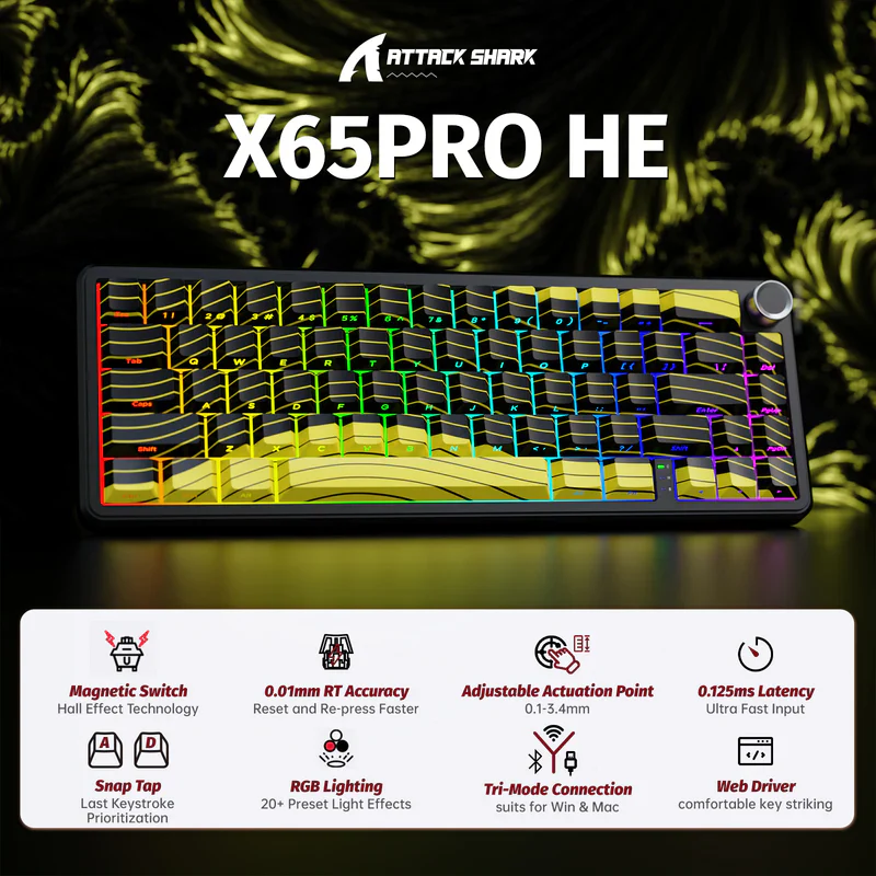 ATTACK SHARK X65 PRO HE MAGNETIC SWITCH KEYBORAD BLACK YALLOW - Image 5