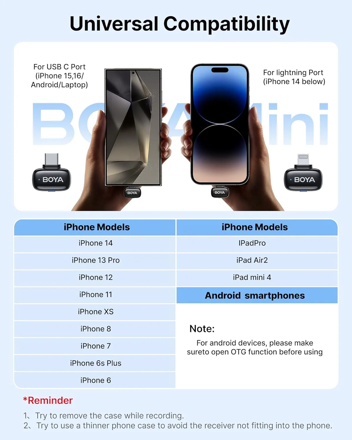 BOYA Mini Wireless Microphone for iPhone/Android/PC/Tablets with USB C/Lightning Plug - Black - Image 2
