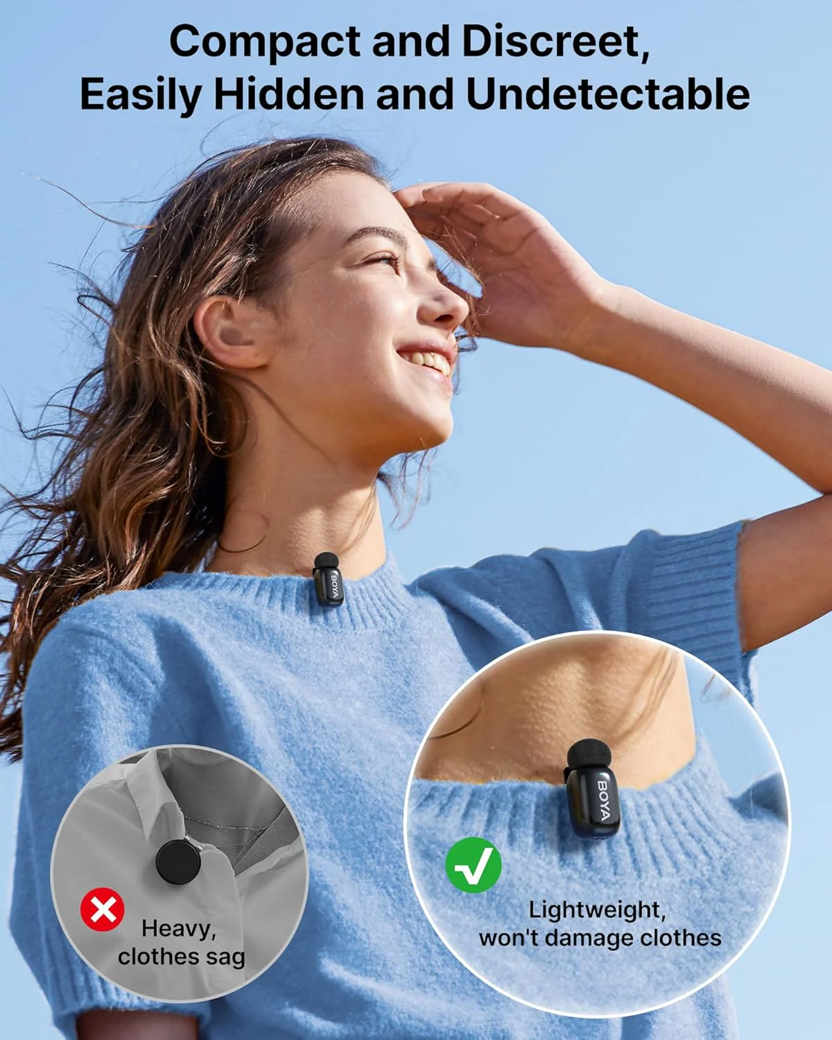 BOYA Mini Wireless Microphone for iPhone/Android/PC/Tablets with USB C/Lightning Plug - Black - Image 3
