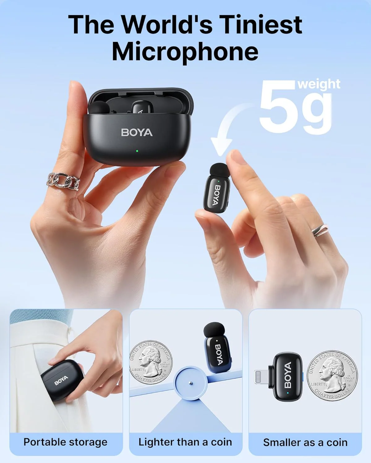 BOYA Mini Wireless Microphone for iPhone/Android/PC/Tablets with USB C/Lightning Plug - Black - Image 7