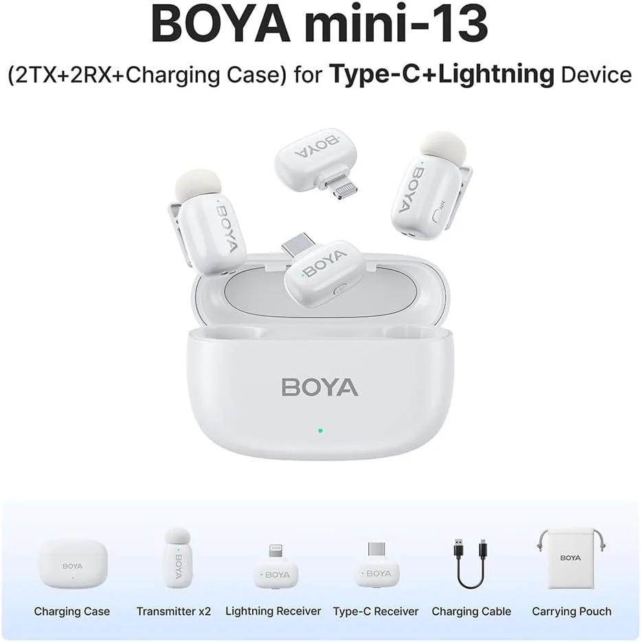 BOYA Mini Wireless Microphone for iPhone/Android/PC/Tablets with USB C/Lightning Plug - White - Image 2