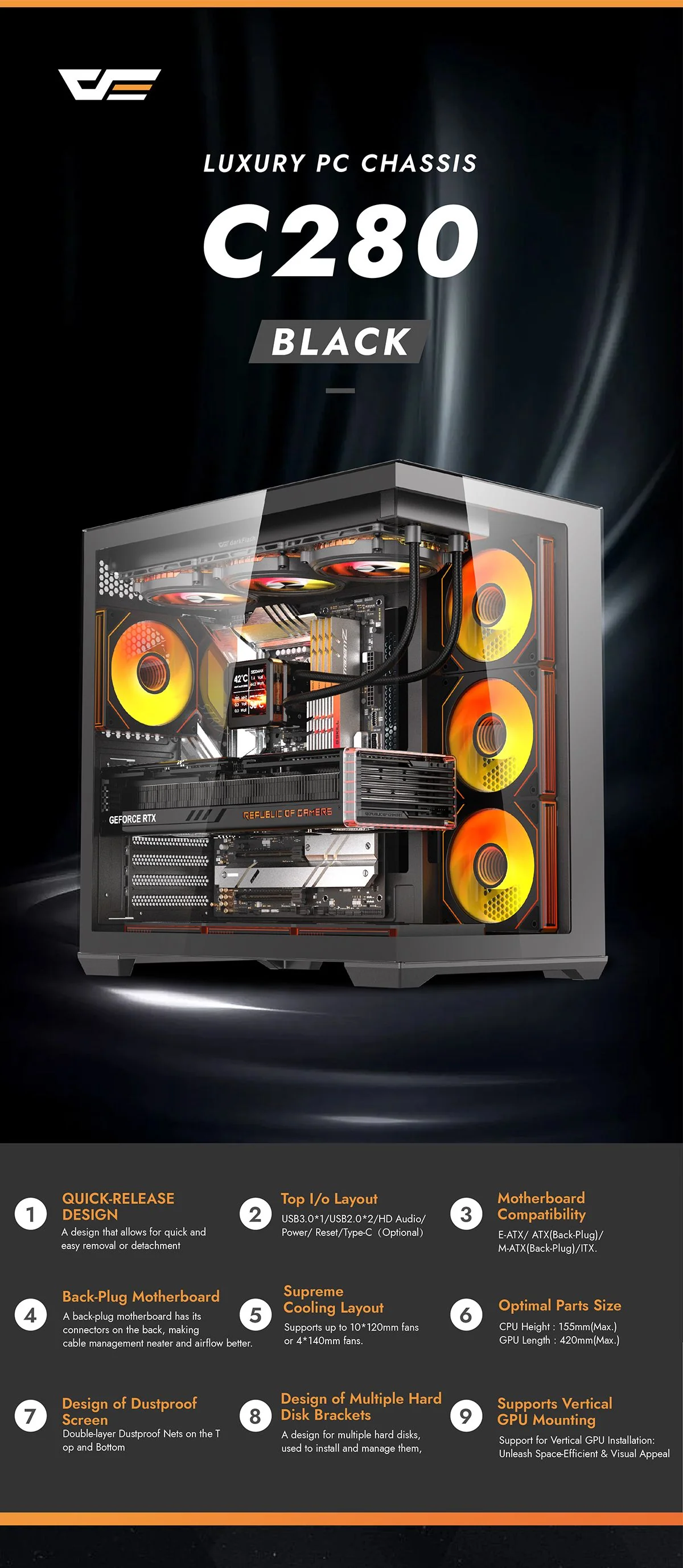 DARKFLASH C280 BLACK E-ATX GAMING CASE - Image 8
