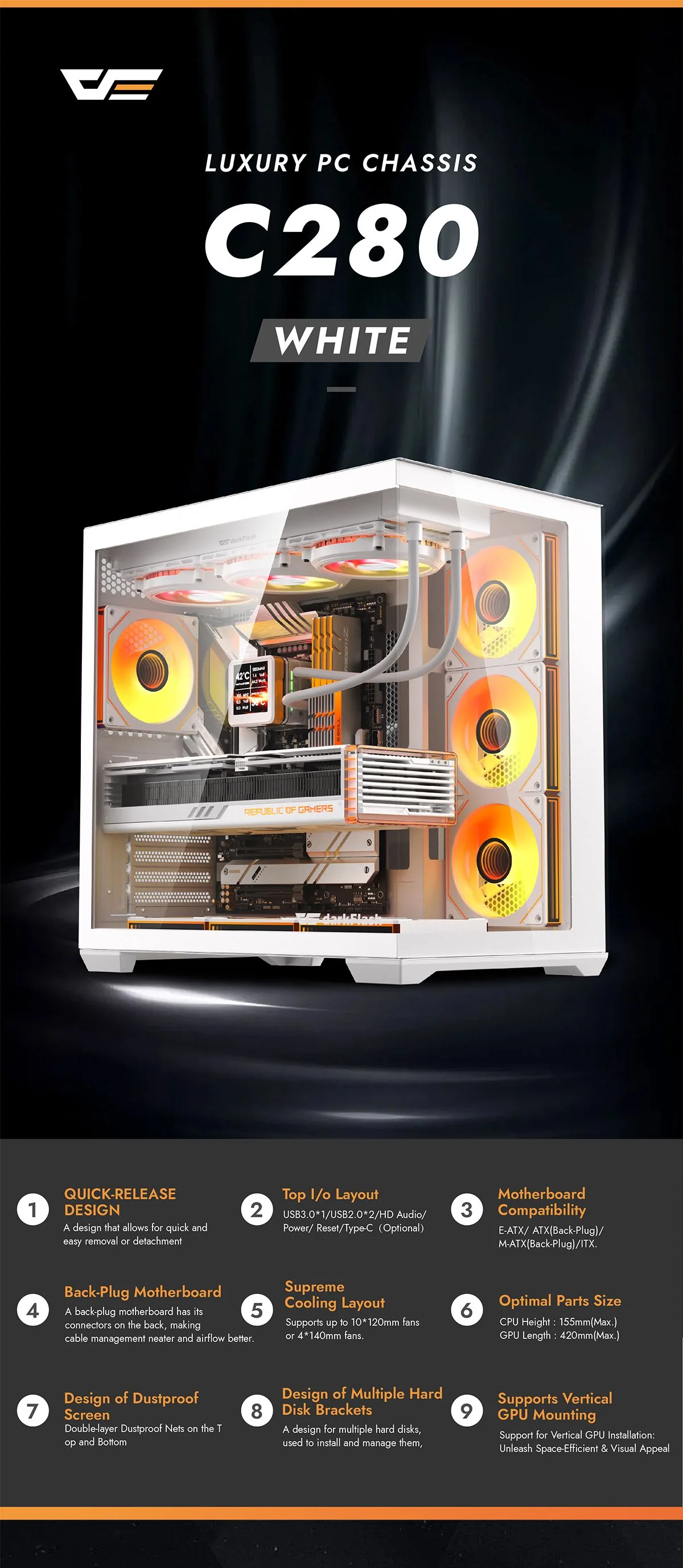 DARKFLASH C280 WHITE E-ATX GAMING CASE - Image 8