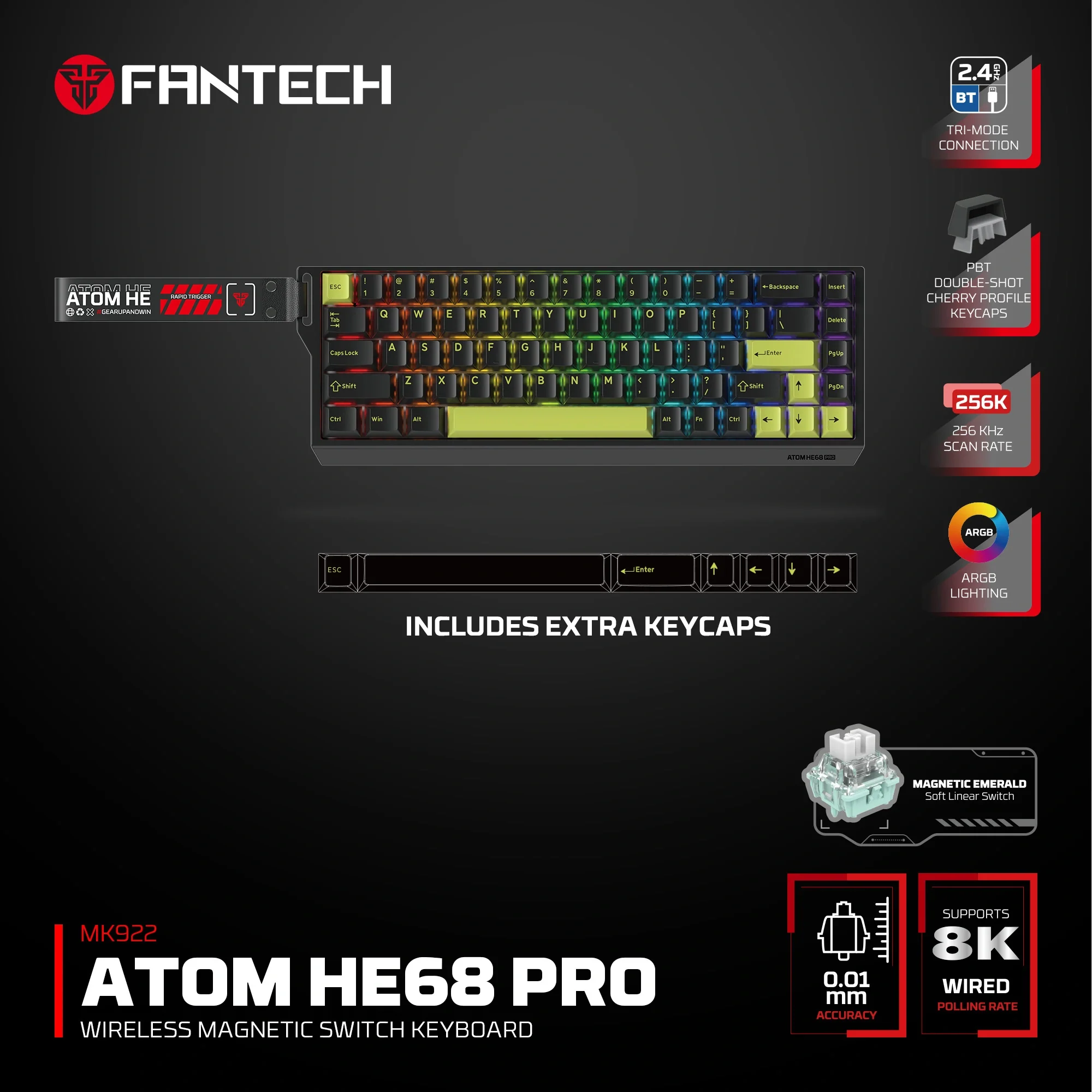 FANTECH ATOM HE MK922 MORI MAGNATIC EMERALD Wireless GAMING KEYBOARD - Image 2