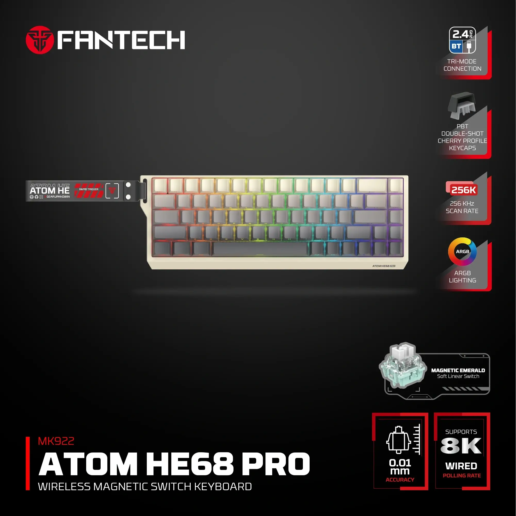 FANTECH ATOM HE MK922 RETRO  MAGNATIC EMERALD WIRELESS GAMING KEYBOARD - Image 2