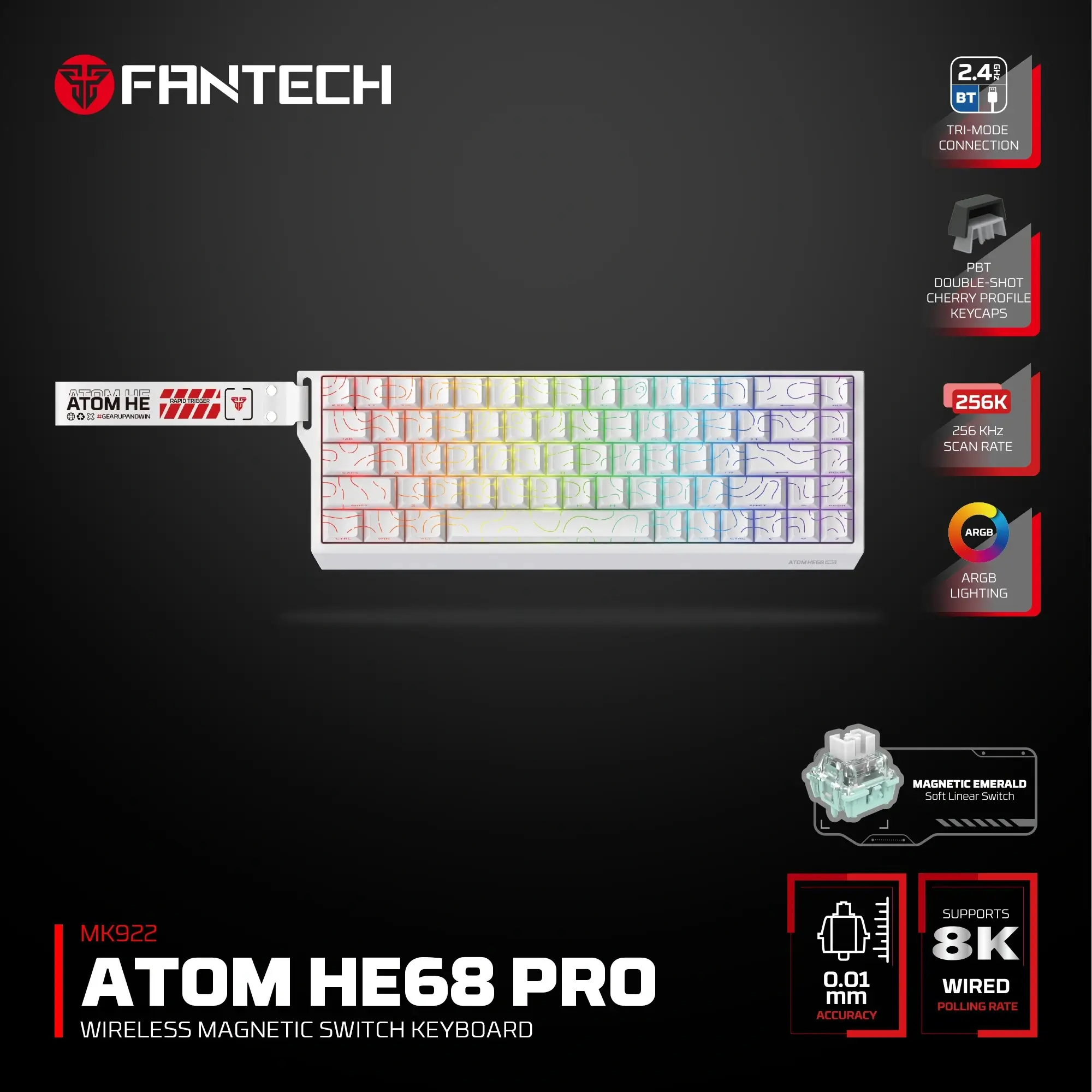 FANTECH ATOM HE MK922 TOPO MAGNATIC EMERALD WIRELESS GAMING KEYBOARD - Image 2