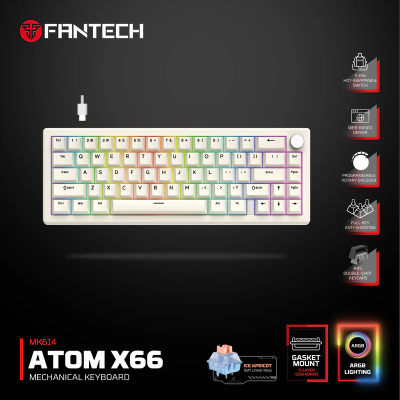FANTECH ATOM X66 MK614 RETRO BK (OR) KEYBOARD -WHITE - Image 2