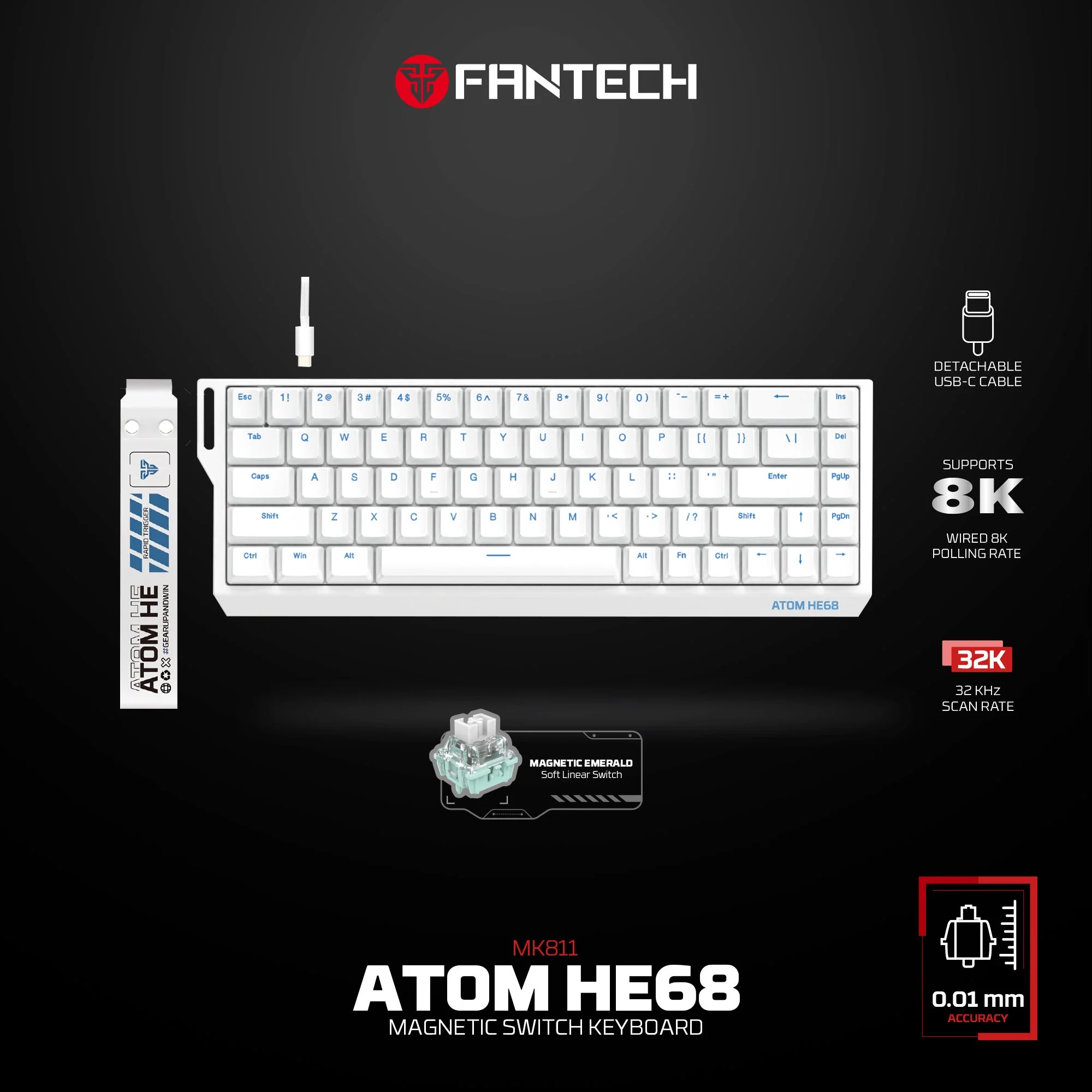 FANTECH MK811 ATOM HE68 MAGNATIC EMERALD WHITE GAMING KEYBOARD - Image 3