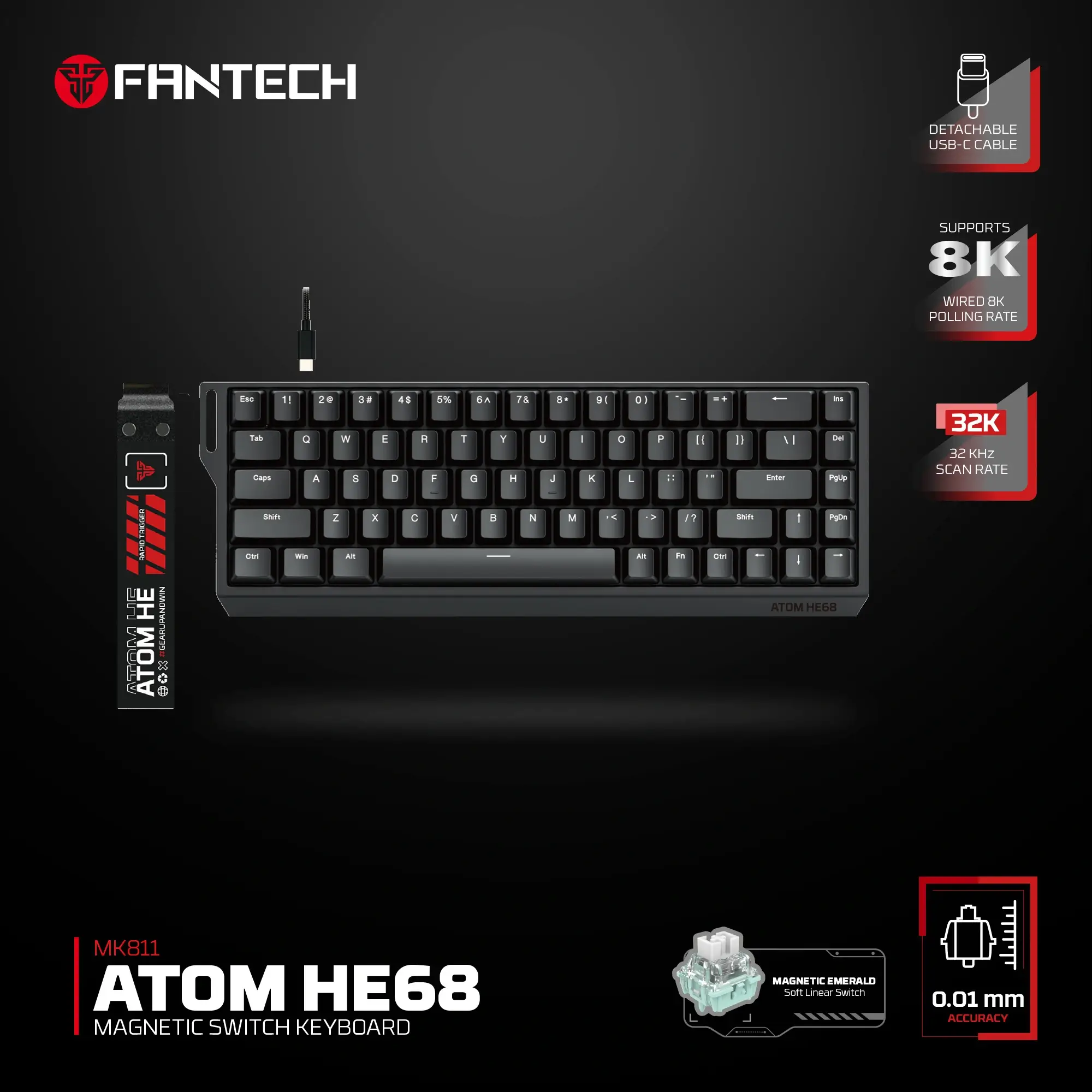 FANTECH MK811 ATOM HE86 MAGNETIC EMERALD BLACK GAMING KEYBOARD - Image 2