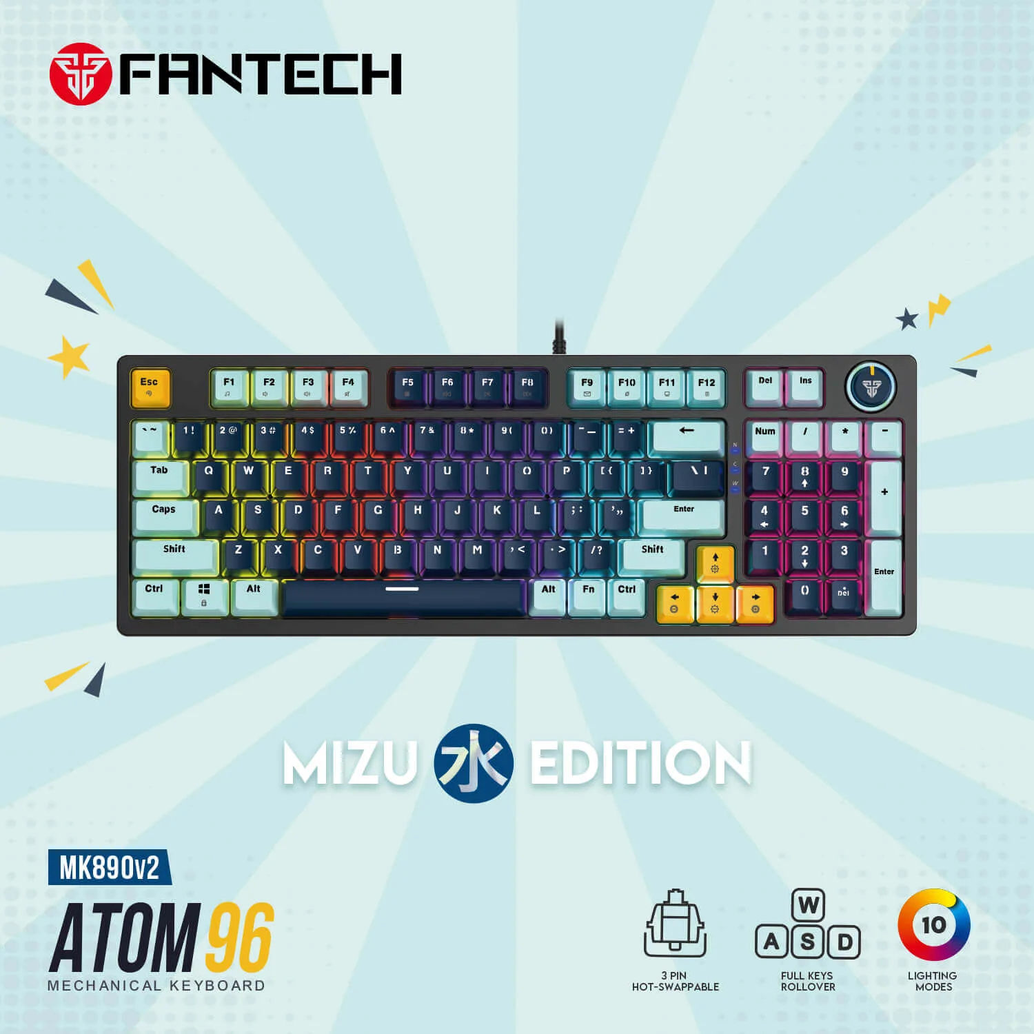 Fantech MK890 V2 ATOM96 96% Navy Blue Switch Blue RGB Gaming Keyboard Mechanical Wired - Image 2