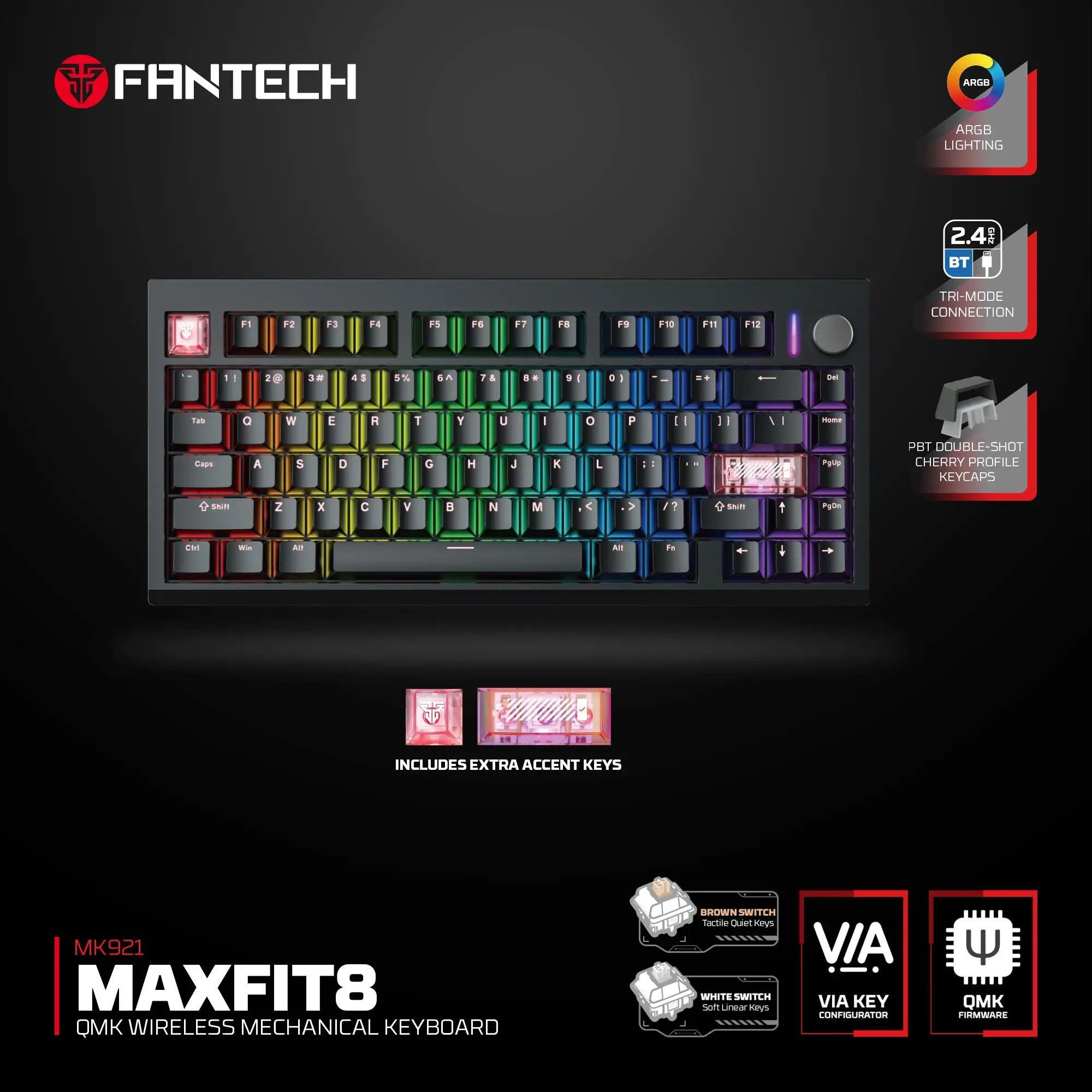 FANTECH MK921 MAX FIT QMK WIRELESS MECHANICAL KEYBOARD BLACK WHITE SWITCH - Image 2