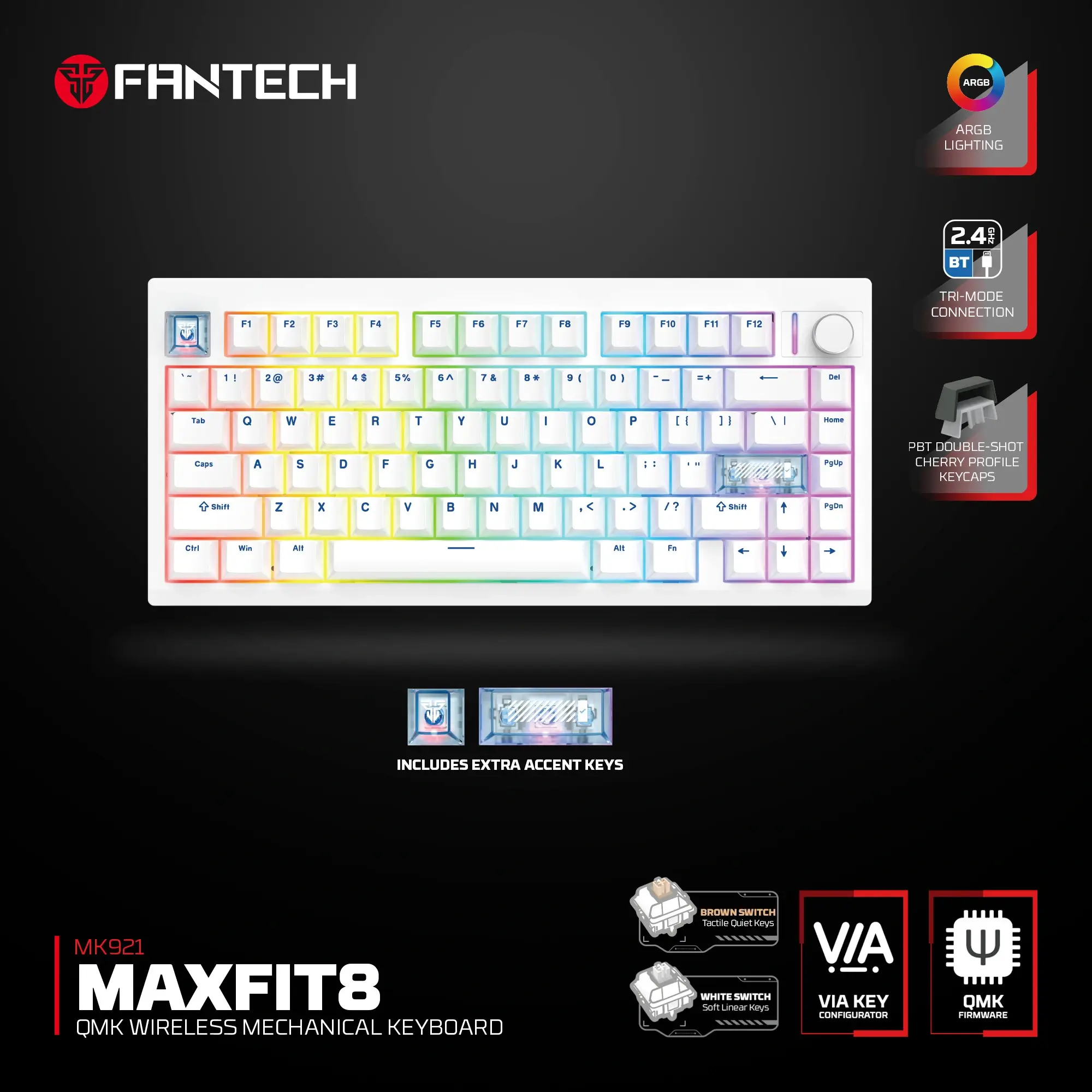 FANTECH MK921 MAX FIT QMK WIRELESS MECHANICAL KEYBOARD WHITE WHITE SWITCH - Image 2