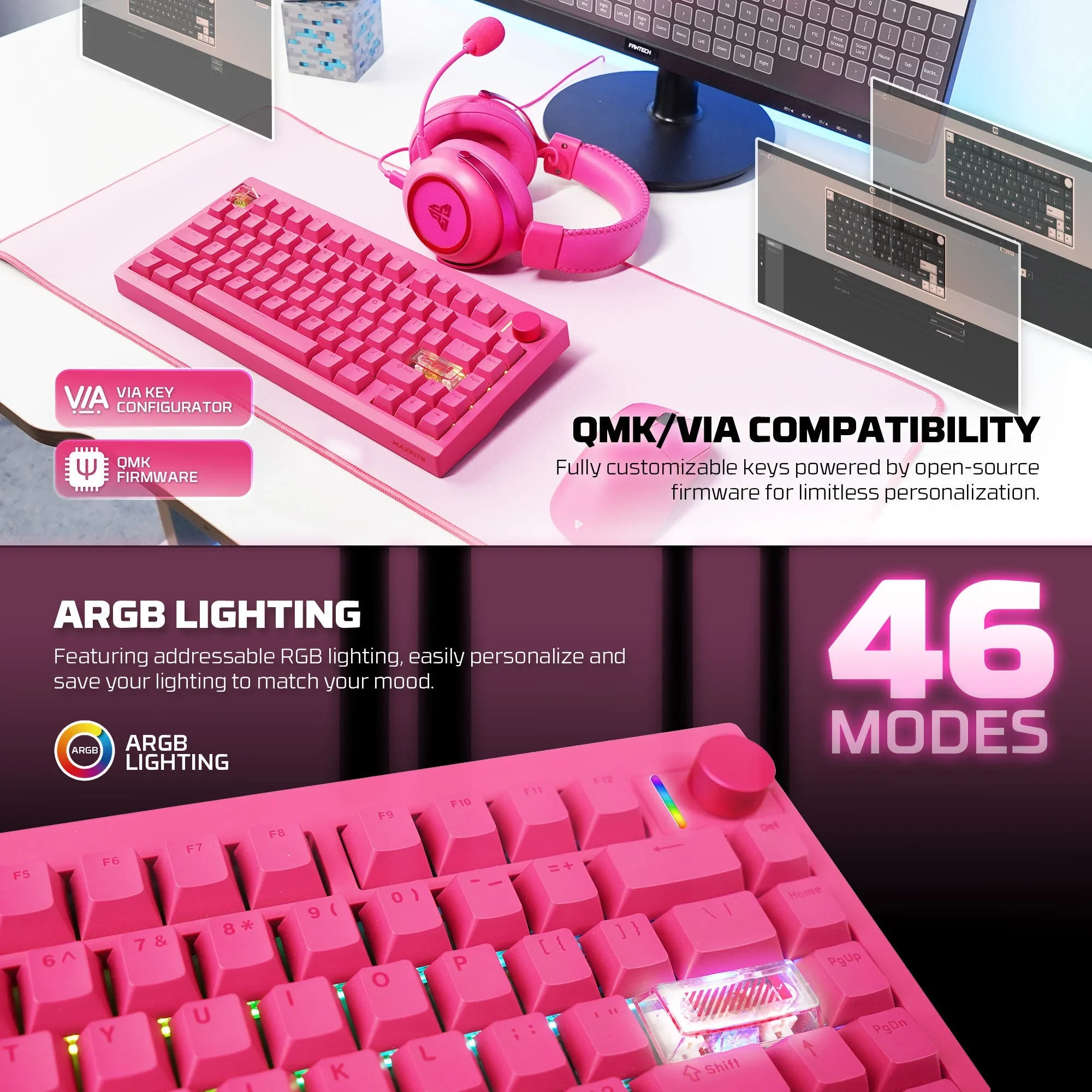 FANTECH MK921 MAXFIX QMK WILRESS MECHANICAL KEYBOARD PINK - Image 6