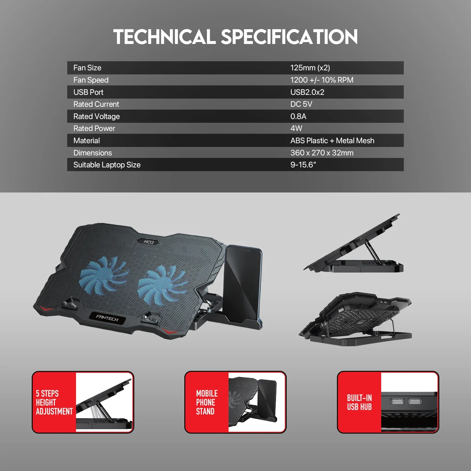 Fantech NoteBook Cooler NC12 Two Fan Suitable For 9-15.6 Inch Laptop - Image 2