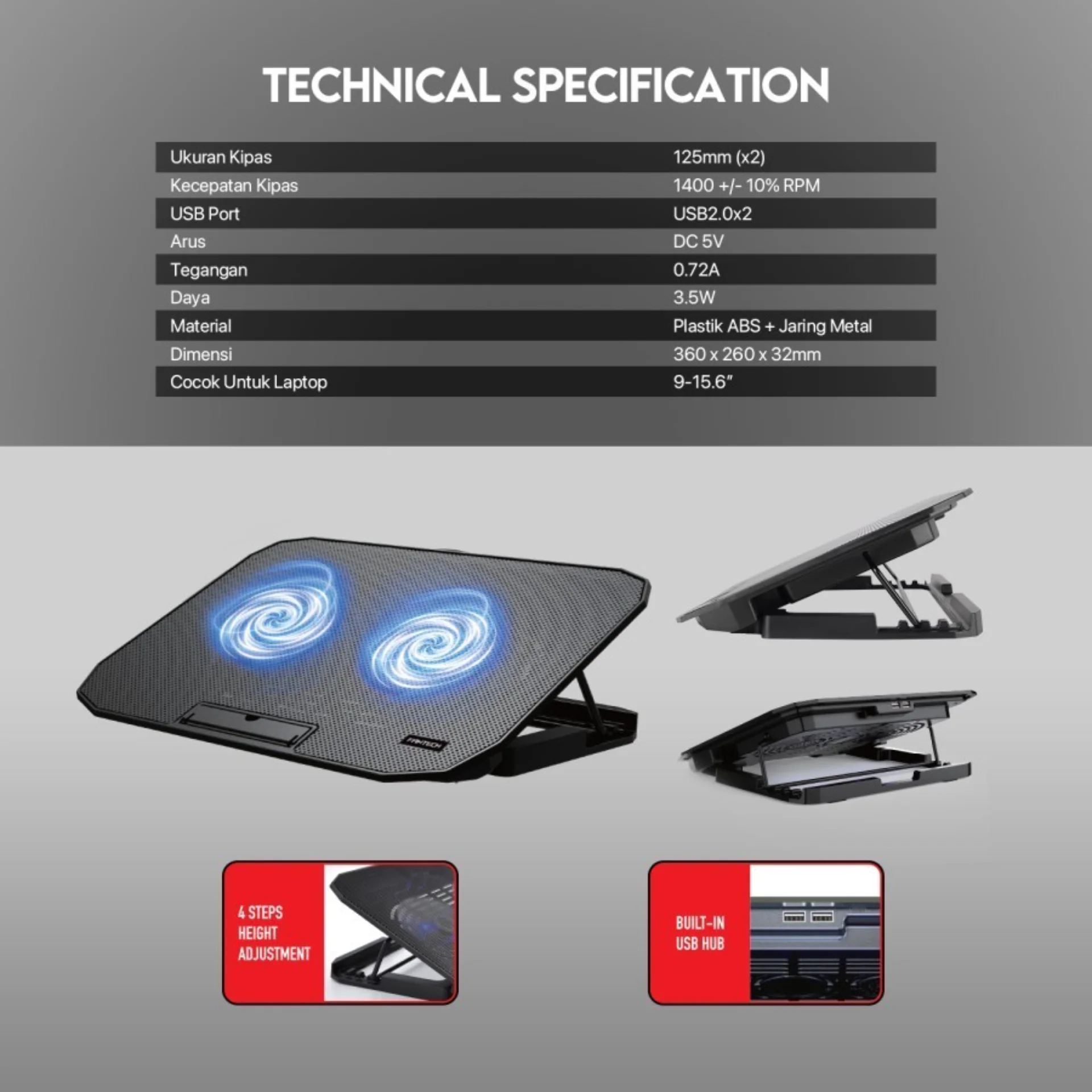 Fantech NoteBook Cooler NC13 Two Fan Suitable For 9-15.6 Inch Laptop - Image 4