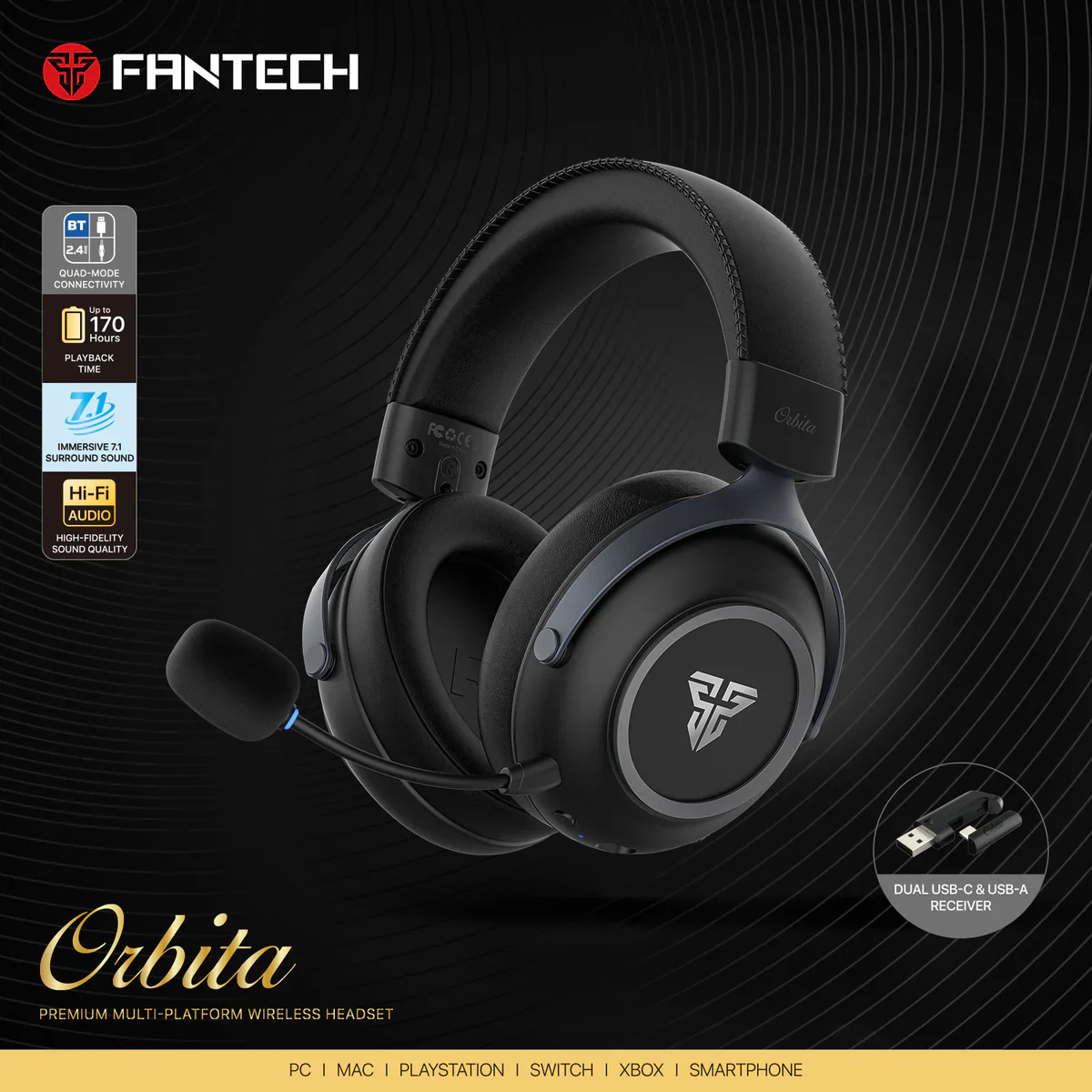 FANTECH ORBITA WHG07 WIRELESS TRI MODE BLACK GAMING HEADSET - Image 3
