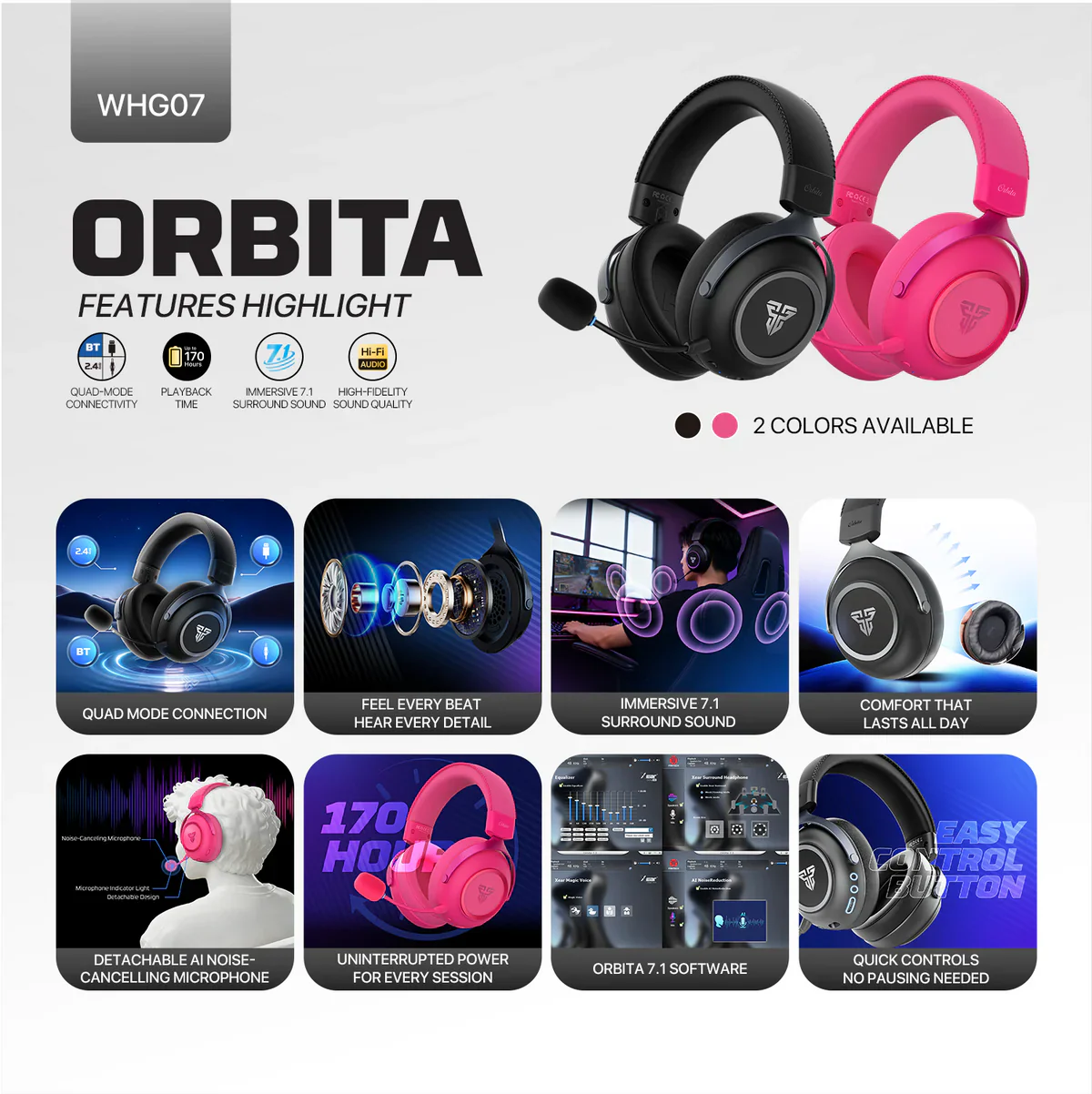 FANTECH ORBITA WHG07 WIRELESS TRI MODE PINK GAMING HEADSET - Image 3