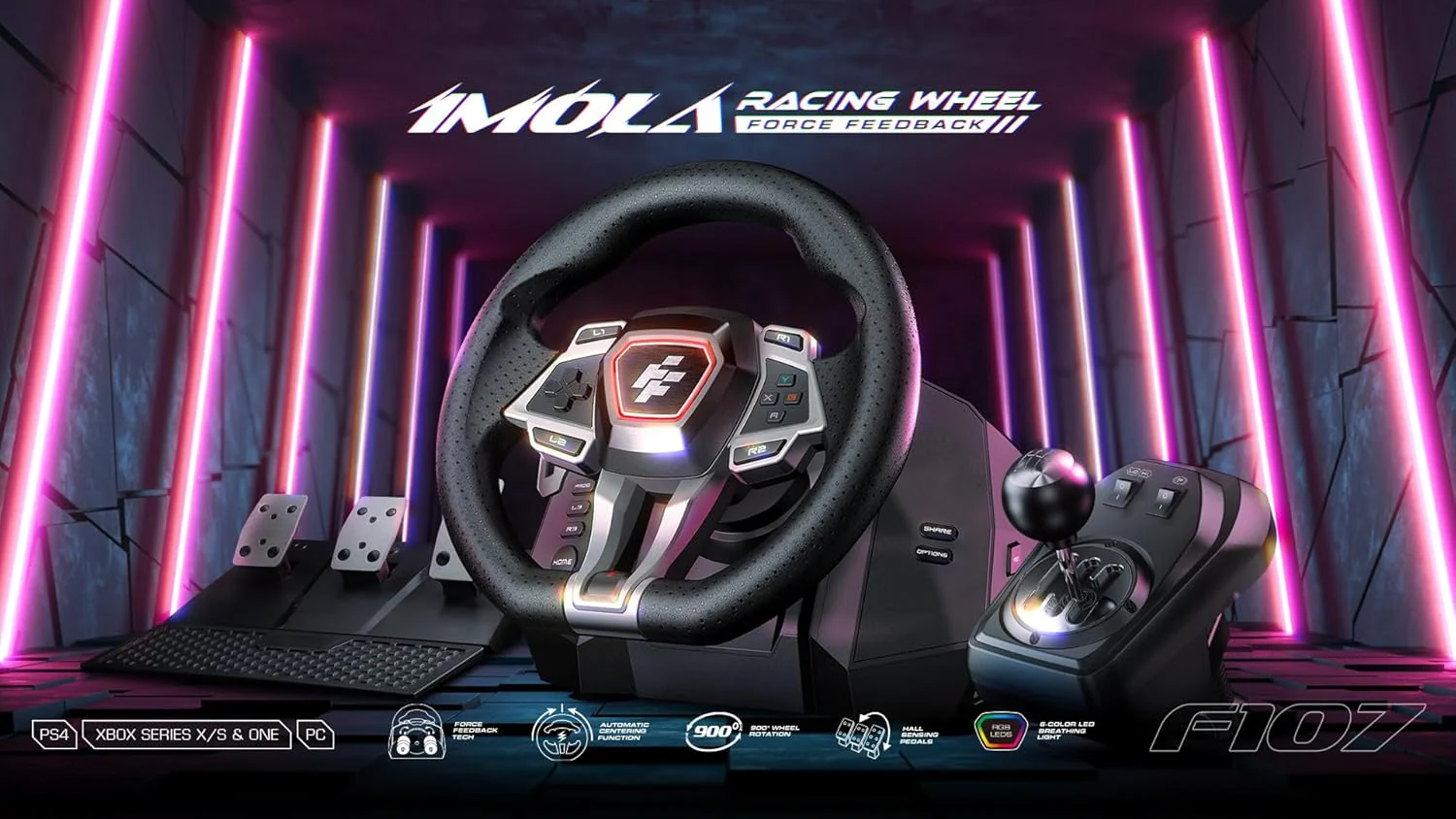Flashfire F107 IMOLA Racing FORCE FEEDBACK Wheel, Pedals, Shifter, Hall-Effect Sensor, Vibration Feedback Function, Adjustable Rotation 270° and 900° - Image 2