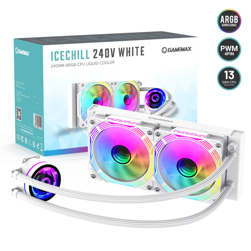GameMax IceChill 240V White, Liquid CPU Cooler 240mm Addressable RGB - Image 2
