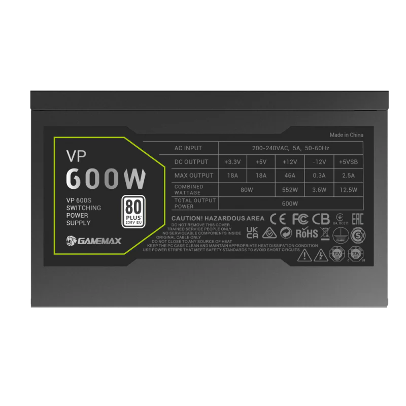 GameMax VP 600S 600 Watts Power Supply 80+ Bronze - Black - Image 3