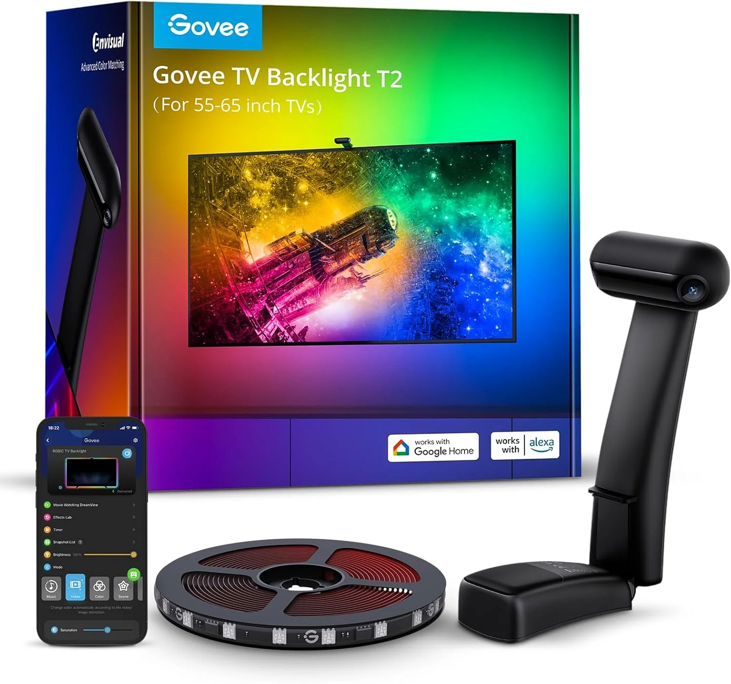 Govee Envisual TV LED Backlight T2 with Dual Cameras, 11.8ft RGBIC Wi-Fi LED Strip Lights for 55-65 inch TVs