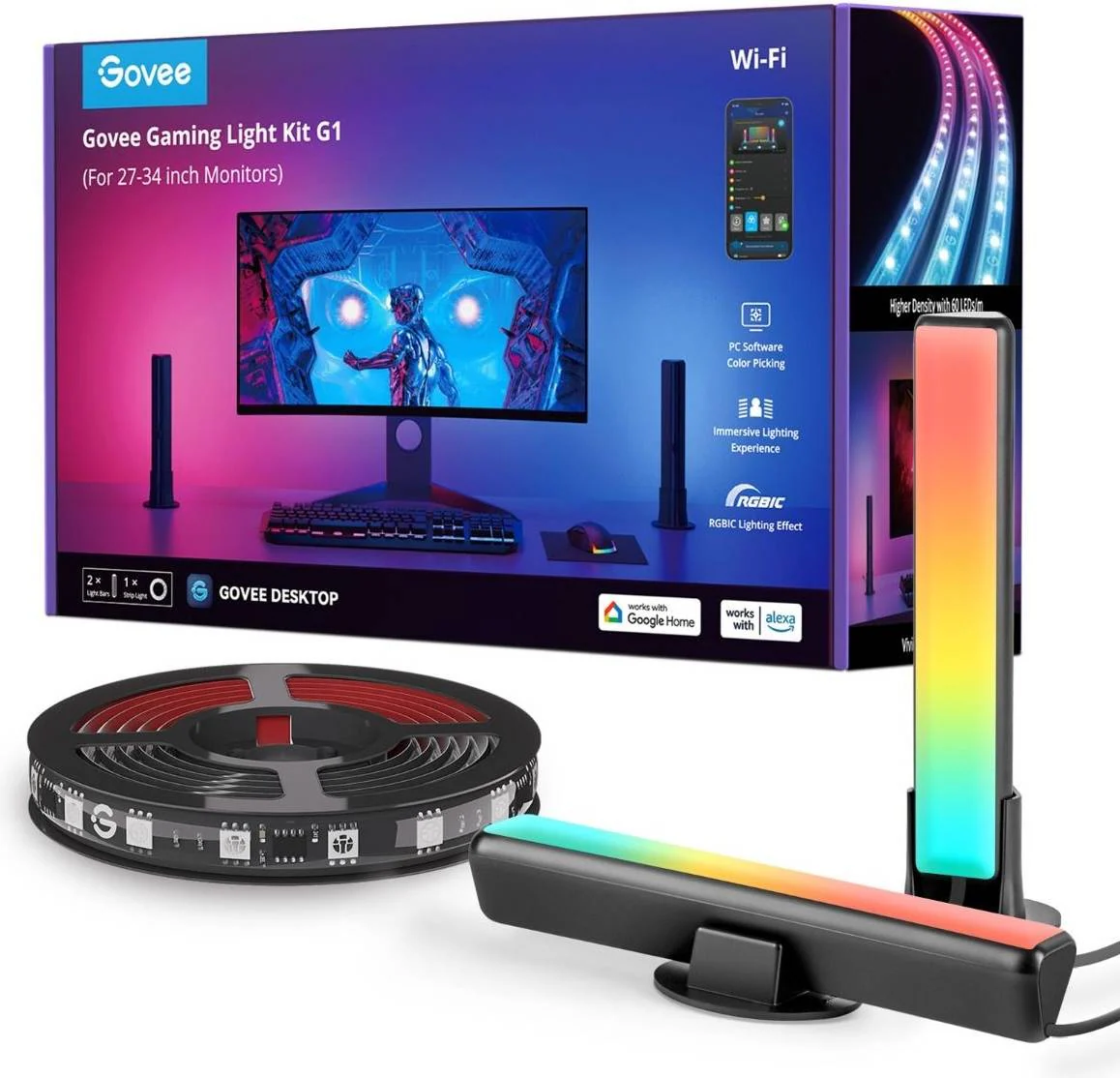 Govee Gaming Light Kit G1, For 27" - 34" Monitors, RGBIC Lighting Effect, Wi-Fi Connectivity, VibraMatch Technology