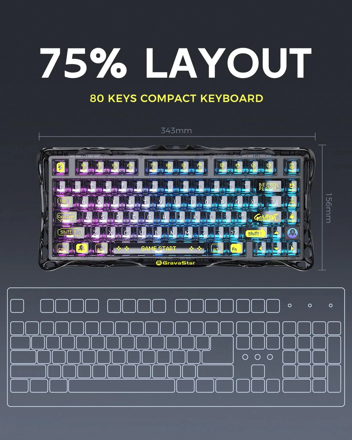 GravaStar Mercury K1 Lite 75% Wireless Mechanical Gaming Keyboard Transparent Black - Image 2