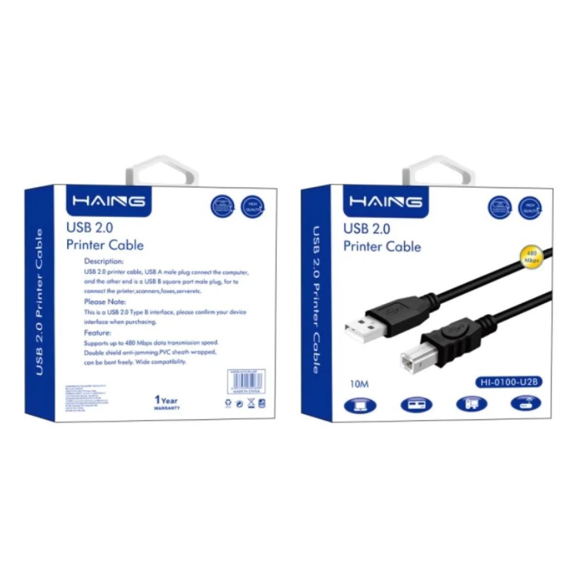 HAING HI-0100-U2B USB 2.0 A-B Printer Cable -10M - Image 2