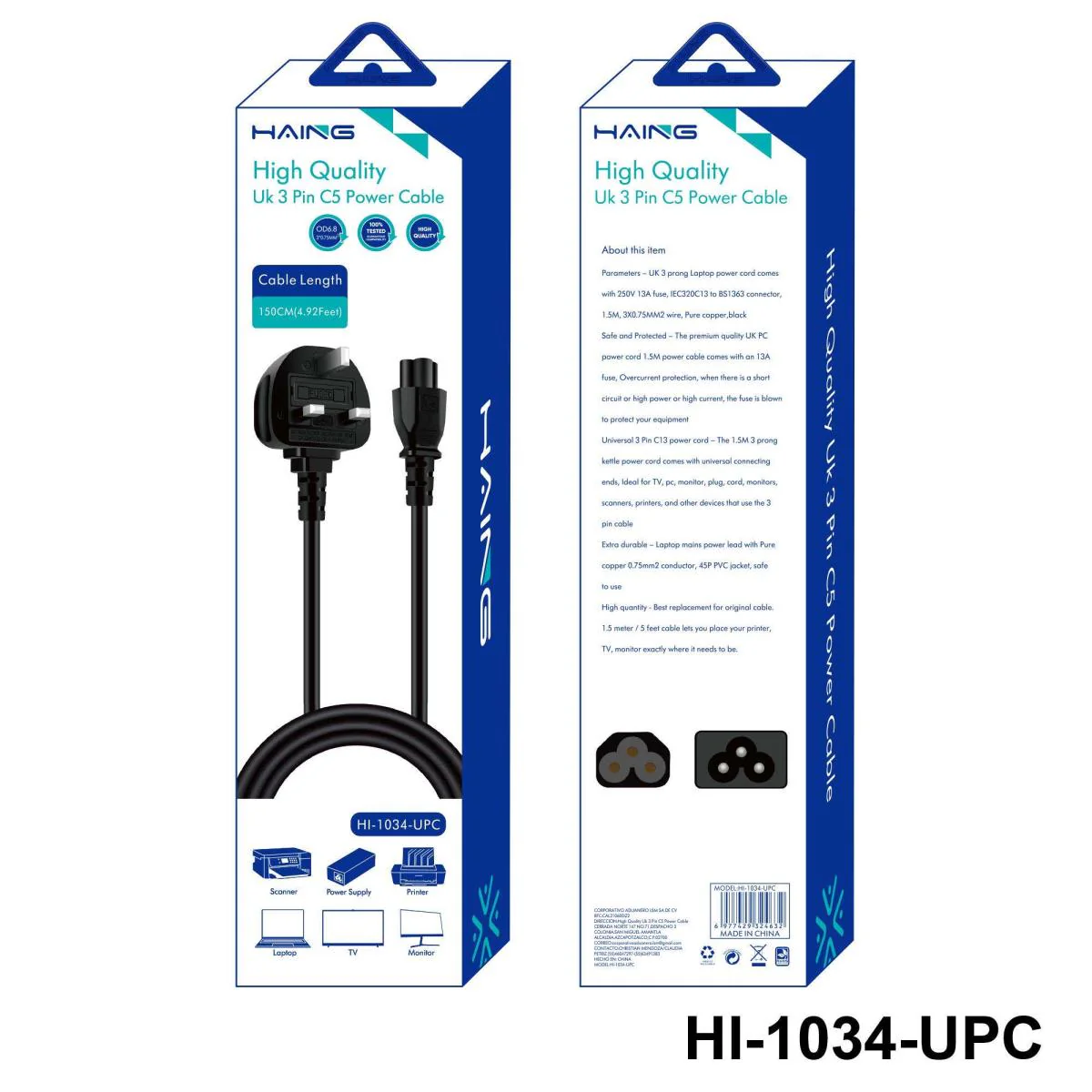HAING HI-1034-UPC-150C UK 3 Pin to C5 Power Cable 1.5M - Image 2