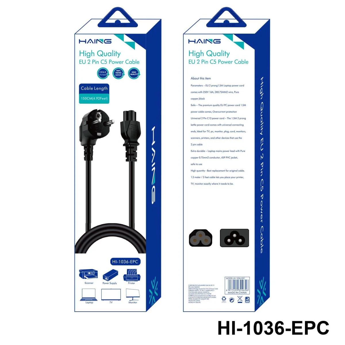 HAING HI-1036-EPC-150C EU 2 Pin to C5 Power Cable 1.5M - Image 2