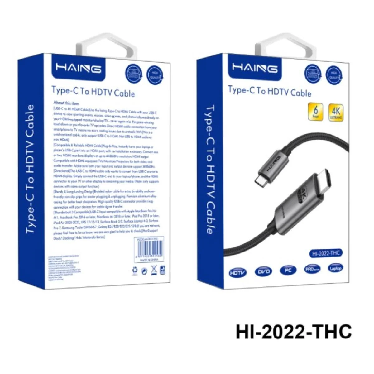 HAING HI-2022-THC-1.8M Type C TO HDTV HDMI Cable 1.8M 60Hz - Image 2