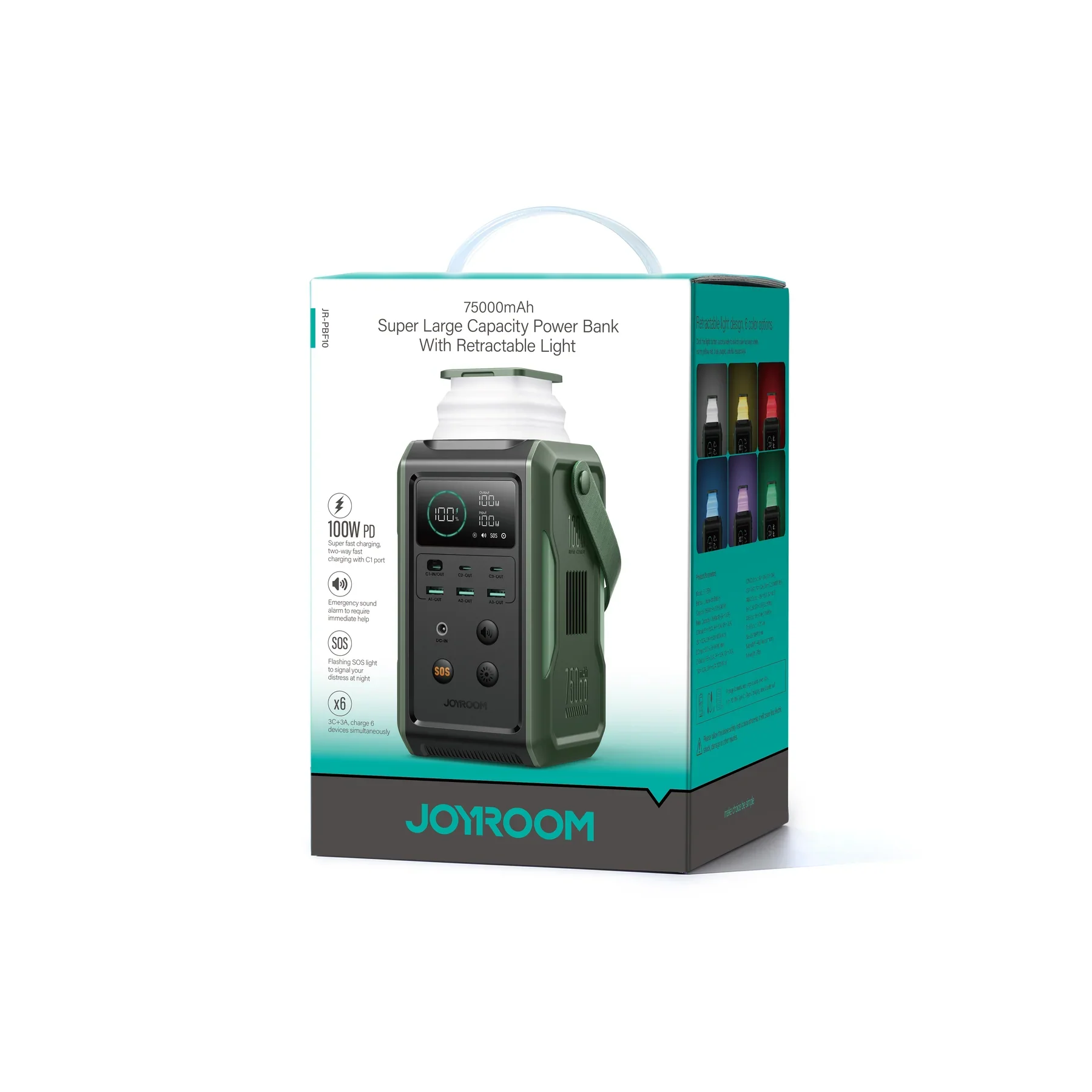 JOYROOM JR-PBF10 100W Super Large Capacity Power Bank With Retractable Light 75000mAh-Olive Green - Image 2