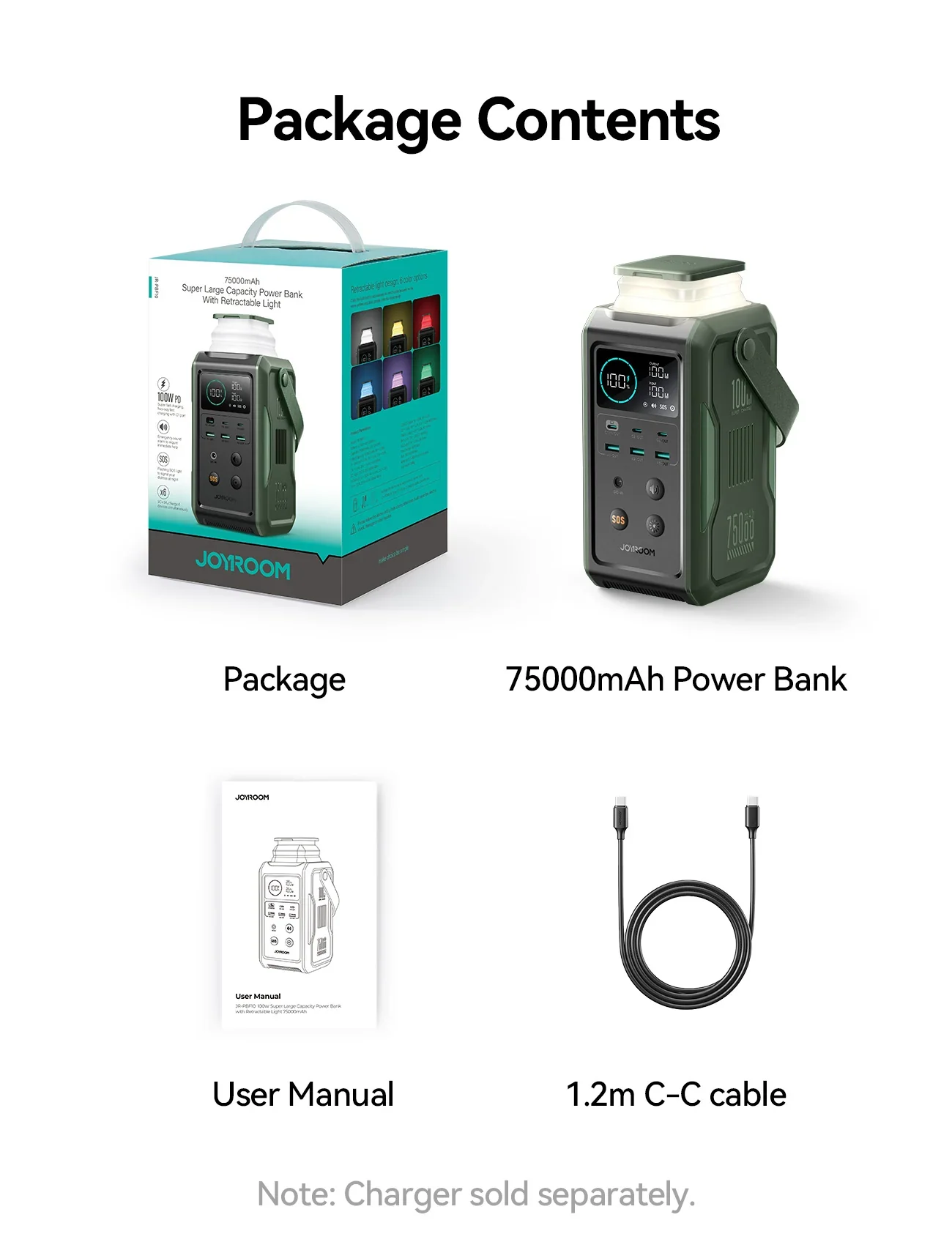 JOYROOM JR-PBF10 100W Super Large Capacity Power Bank With Retractable Light 75000mAh-Olive Green - Image 3