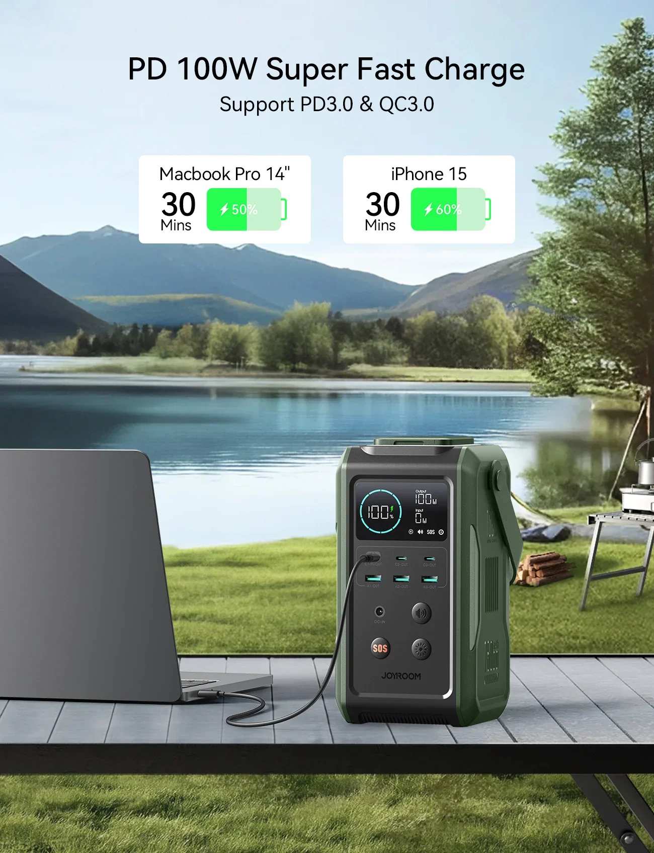 JOYROOM JR-PBF10 100W Super Large Capacity Power Bank With Retractable Light 75000mAh-Olive Green - Image 5