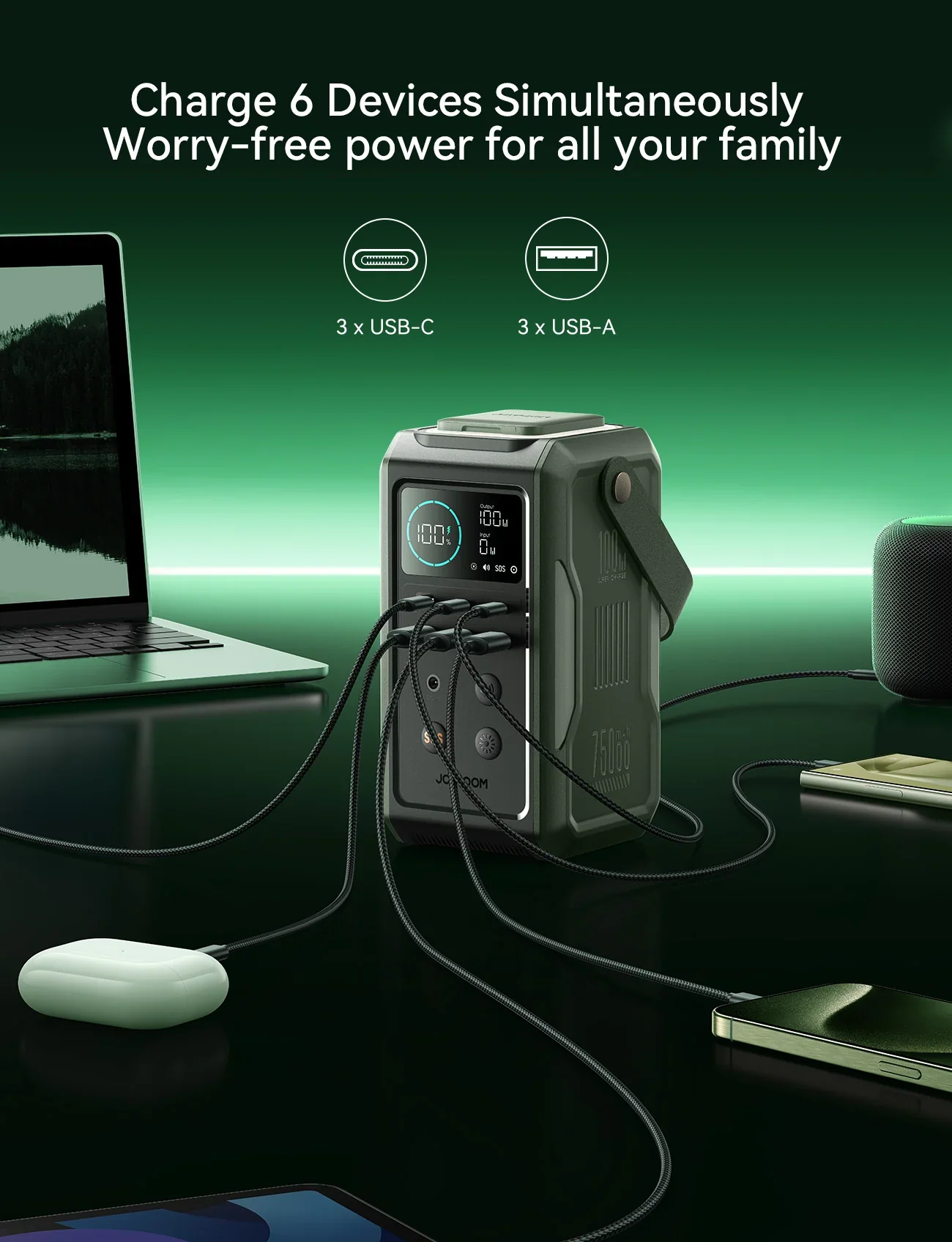 JOYROOM JR-PBF10 100W Super Large Capacity Power Bank With Retractable Light 75000mAh-Olive Green - Image 6