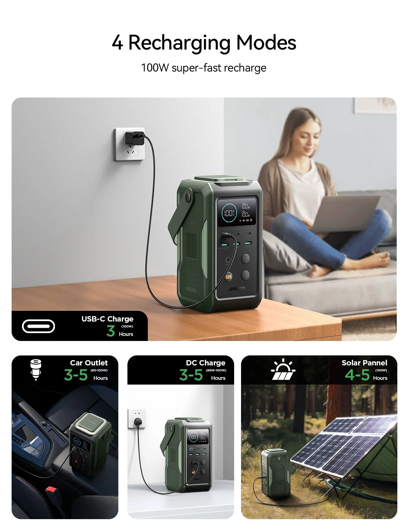 JOYROOM JR-PBF10 100W Super Large Capacity Power Bank With Retractable Light 75000mAh-Olive Green - Image 7