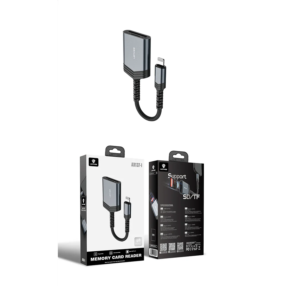 LENYES AX137-TC 2in1 Lightning to TF/SD Card Converter - Black
