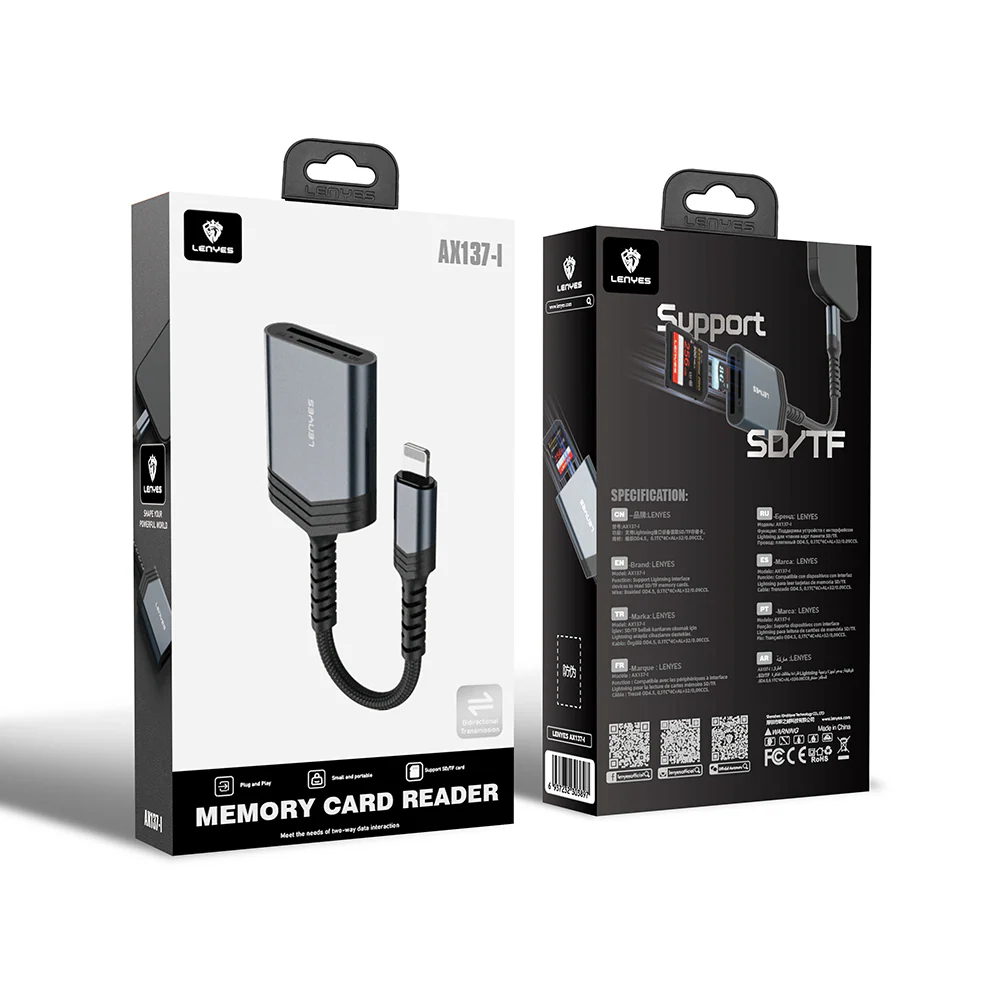 LENYES AX137-TC 2in1 Lightning to TF/SD Card Converter - Black - Image 3