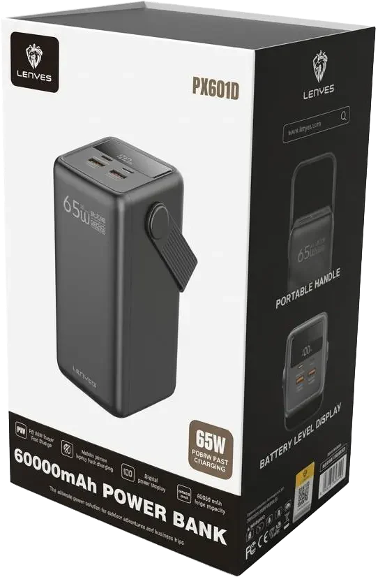 LENYES PX601D 60000mAh Power Bank with 65W Charging and Digital Display - Black - Image 2