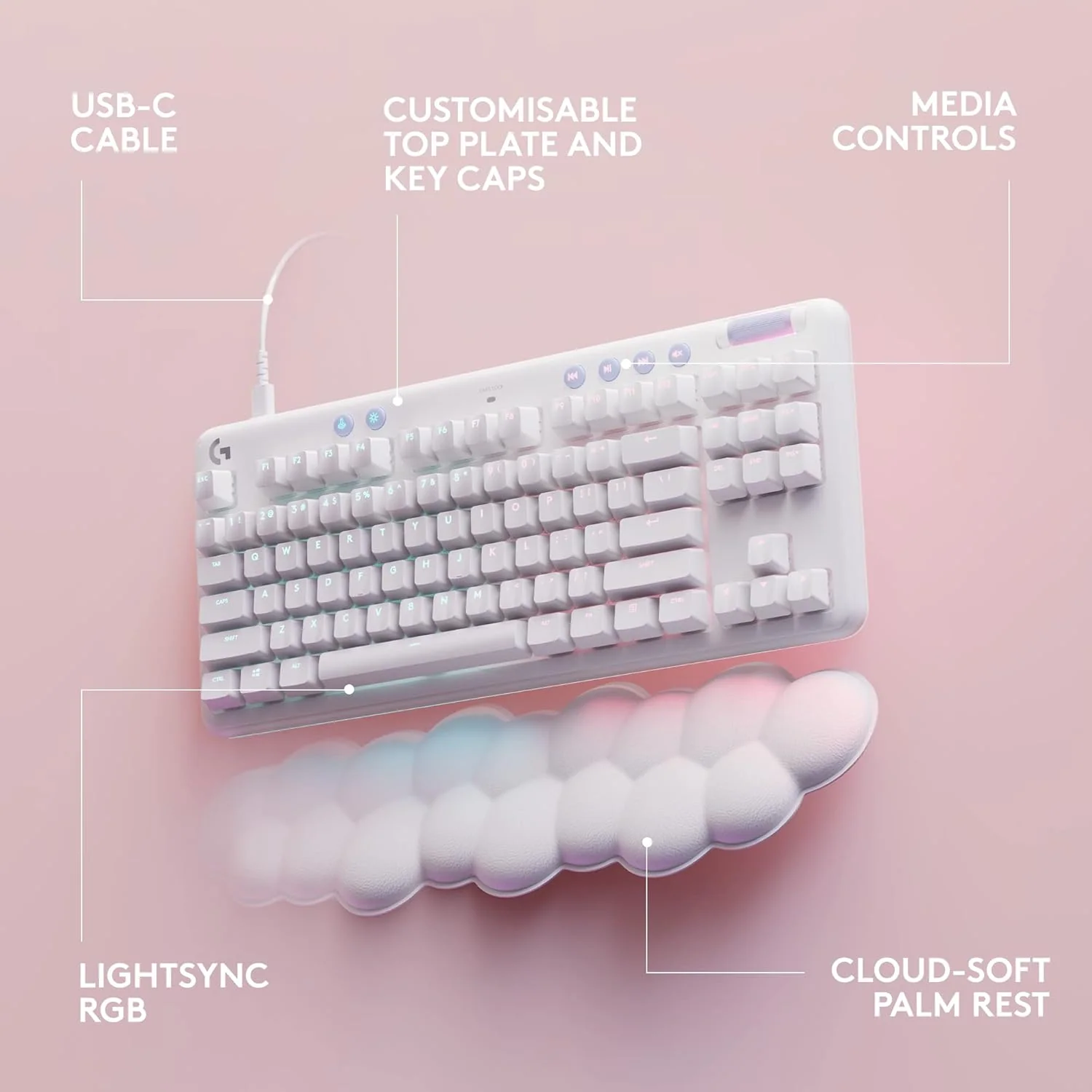 Logitech G713 TKL Wired Mechanical Keyboard LIGHTSYNC RGB Lighting Linear Switches (GX Red) - White Mist - Image 3