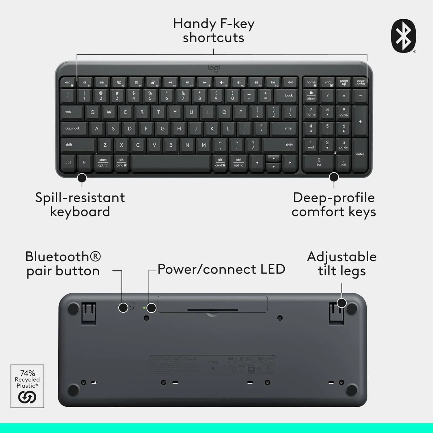 Logitech K250 Compact Bluetooth Wireless Keyboard Graphite - Image 4