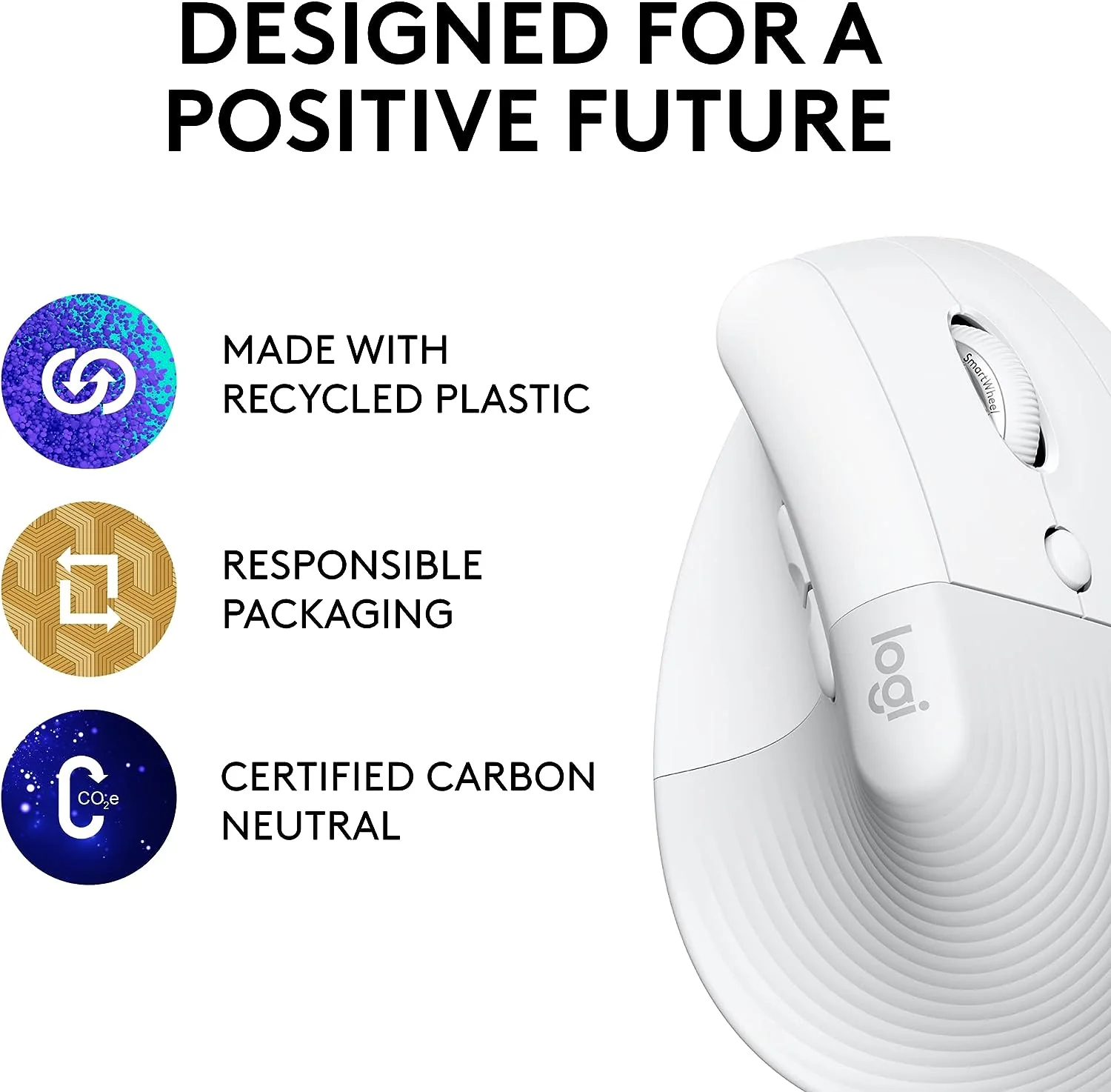 Logitech Lift Vertical Ergonomic Mouse- WHITE , Wireless, Bluetooth or Logi Bolt USB receiver - Image 3