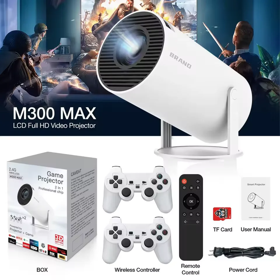 M300 MAX Retro game consoles Android 11 Portable 3D game Projector with Two Handle