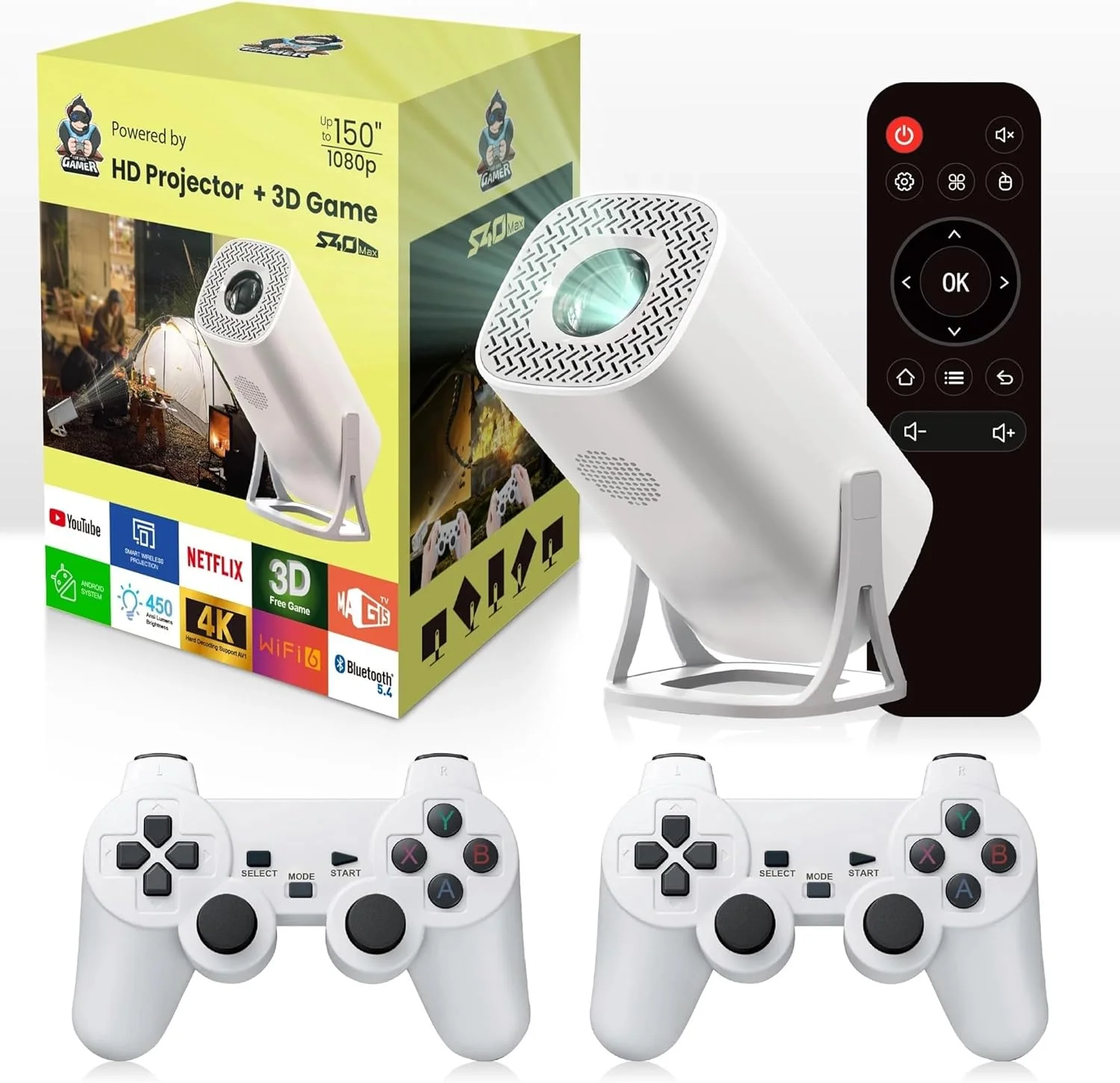 M300 S40 Max Projector Bluetooth Android 11 Proyector With 2 Wireless Controllers Video Games Console Built-in 3000 Games