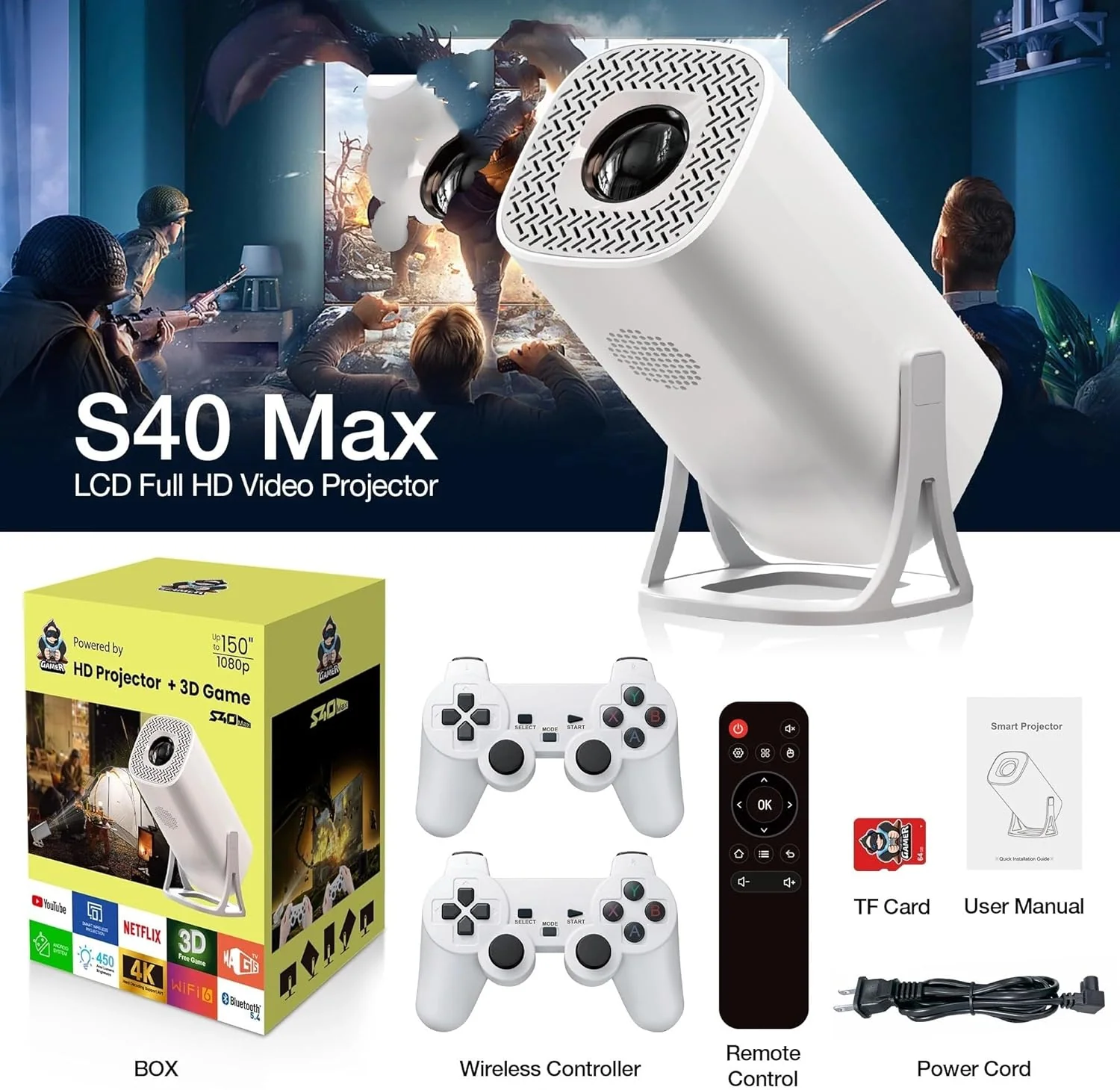 M300 S40 Max Projector Bluetooth Android 11 Proyector With 2 Wireless Controllers Video Games Console Built-in 3000 Games - Image 2