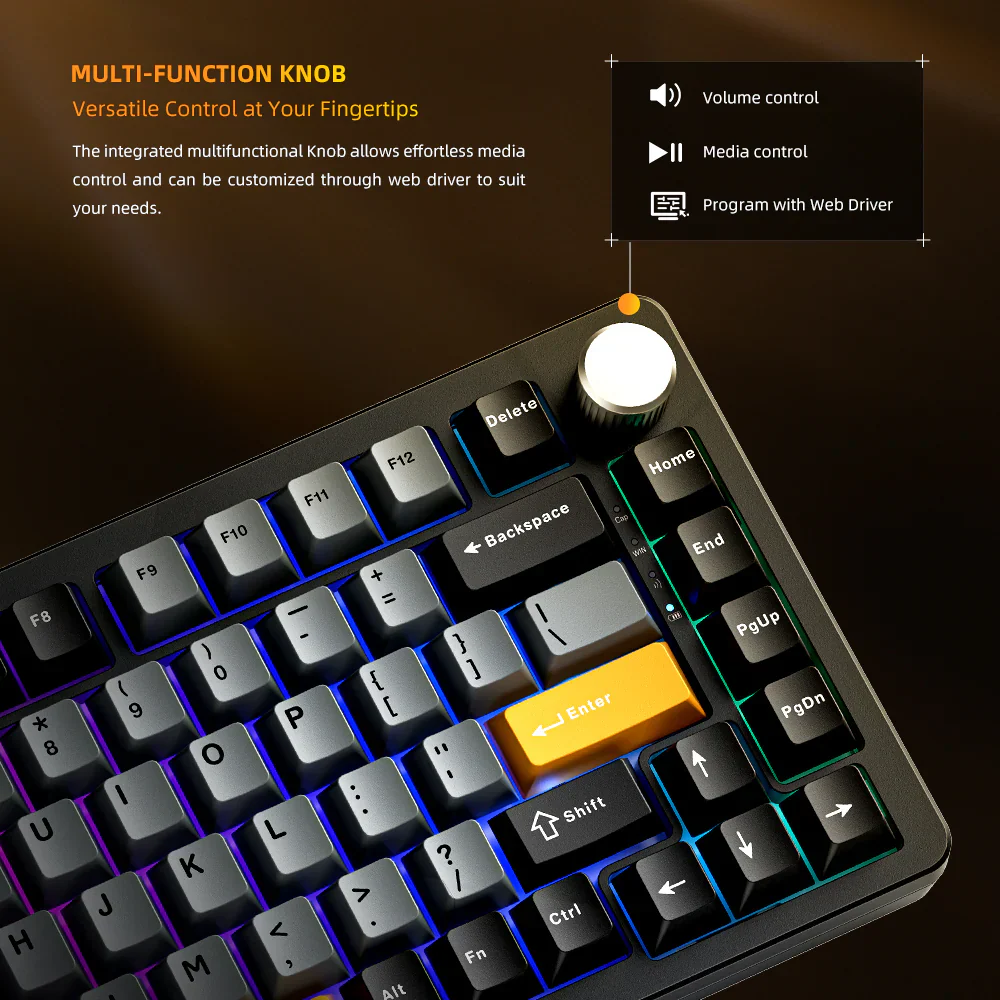Machenike K600-B82W Mechanical Keyboard – 82-Key Black Gateron Silver Switches Hot-Swappable Volume Knob Wireless/Wired - Image 3